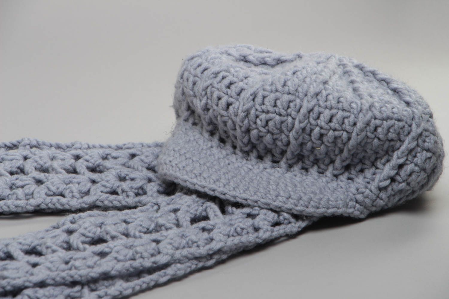 Stylish handmade women's crochet hat and scarf set of gray color photo 3
