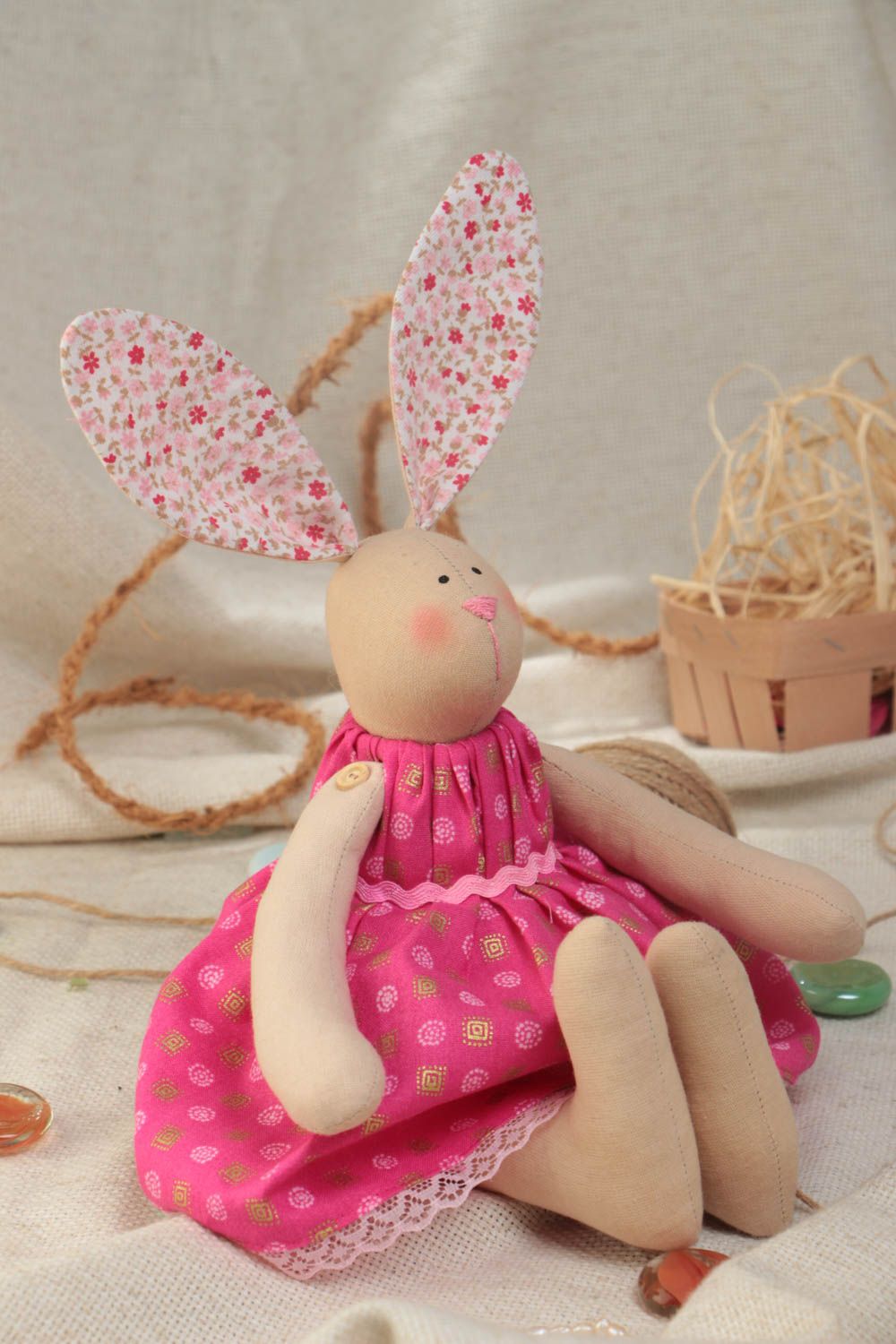 Designer handmade cotton fabric soft toy rabbit girl with long ears in dress photo 1