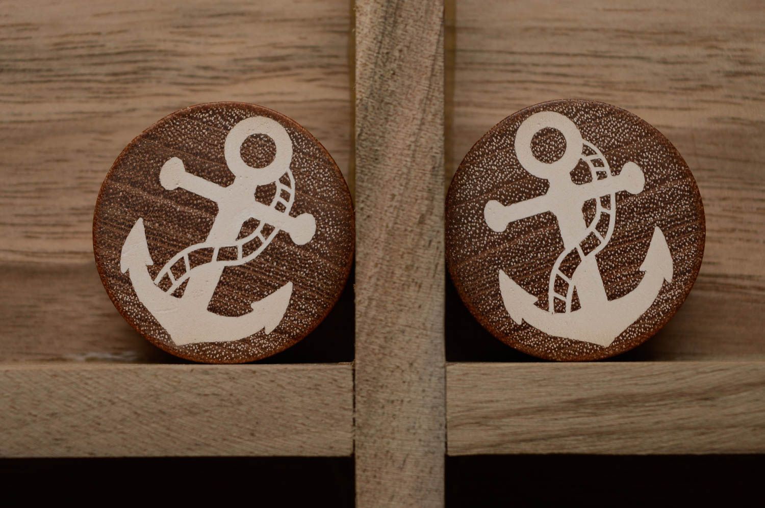 Wooden plug earrings with anchors photo 1