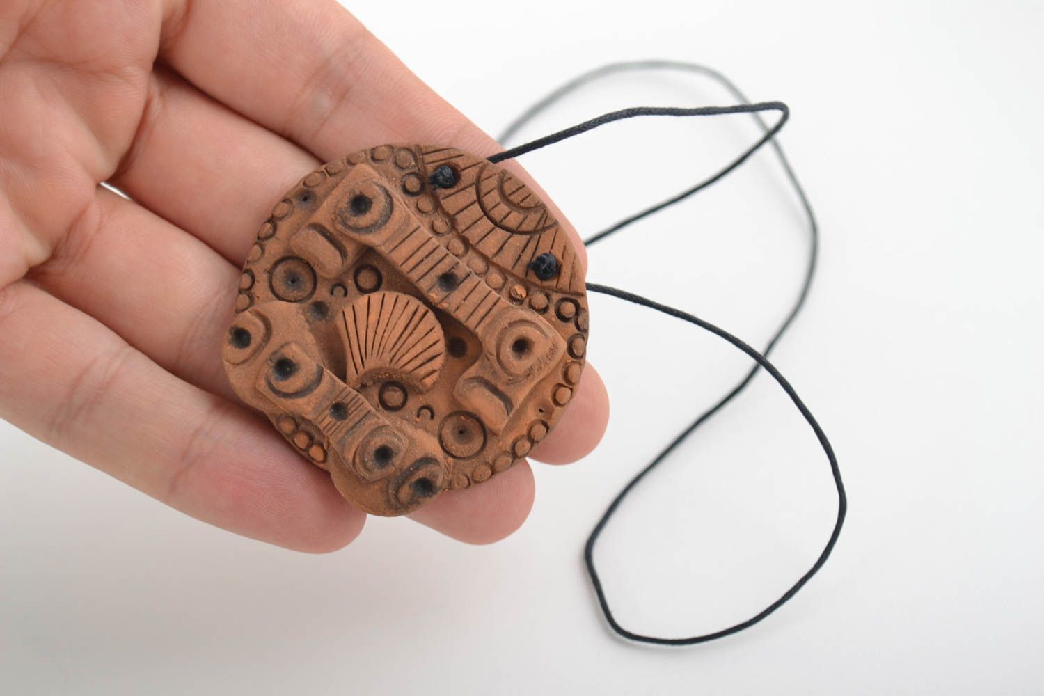 Unusual handmade designer clay neck pendant on cord marine and ethnic styles photo 2