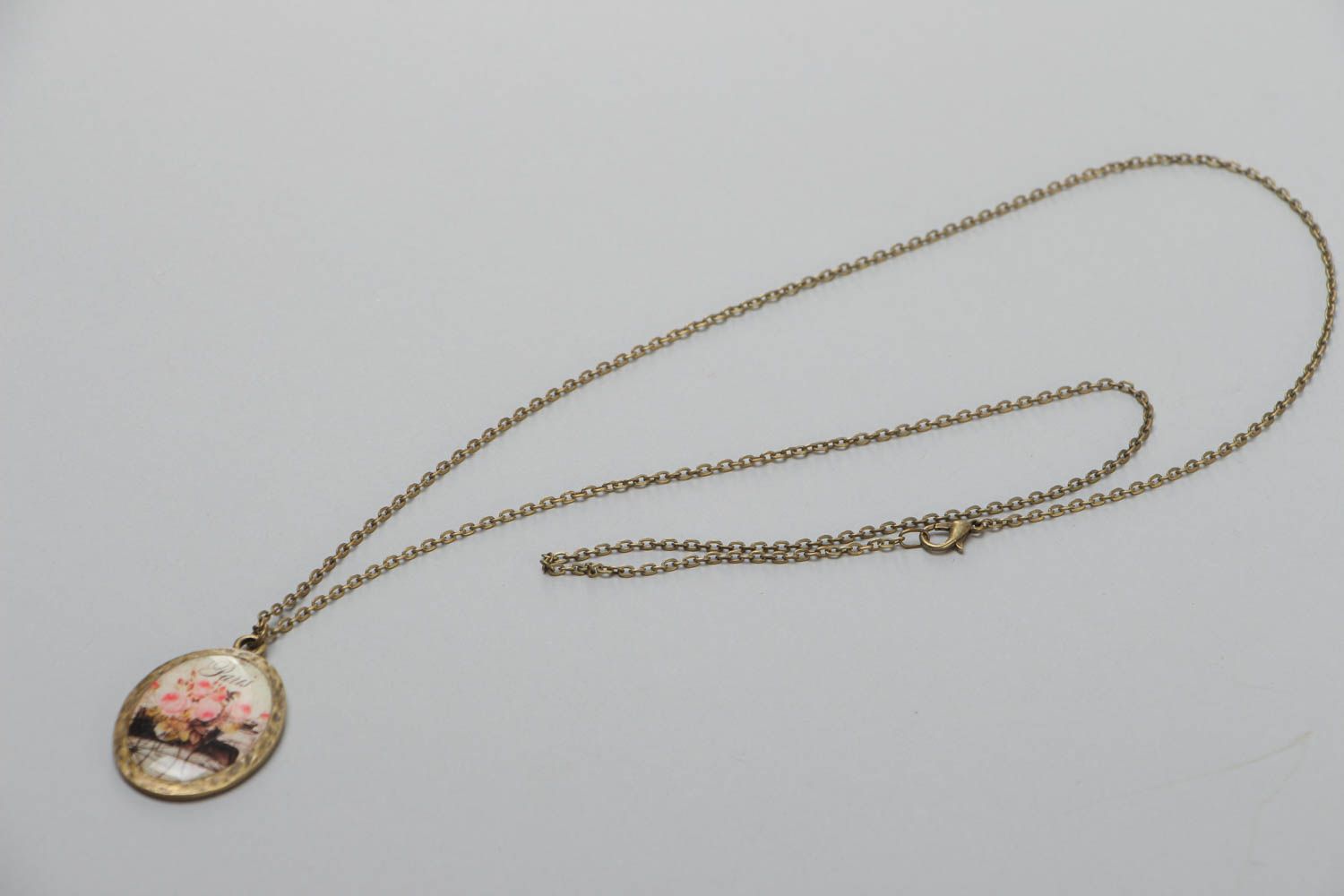 Handmade stylish pendant on a long chain made of metal and glassy glaze  photo 2