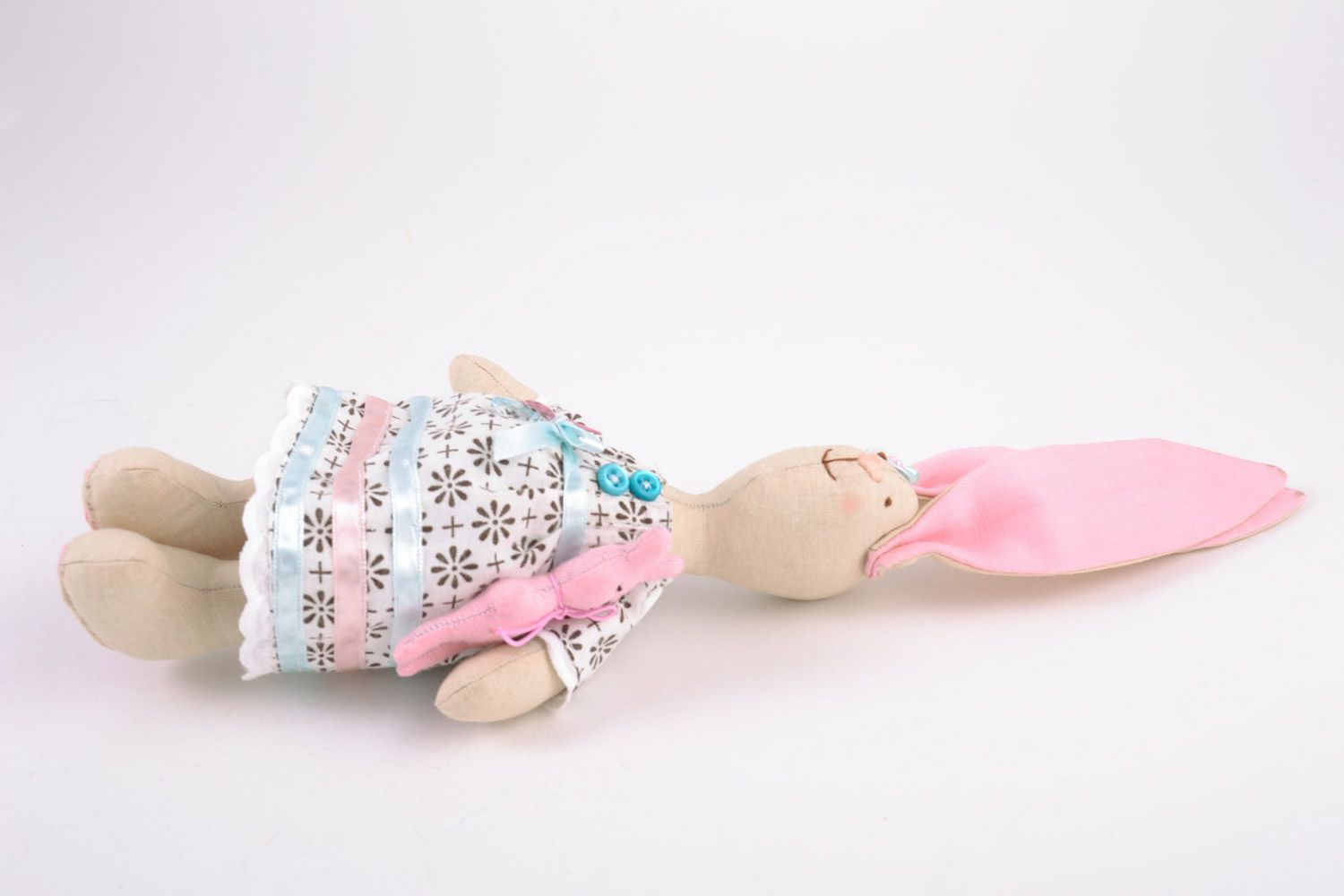 Cute handmade soft toy sewn of cotton fabric tender pink rabbit for little girl photo 4