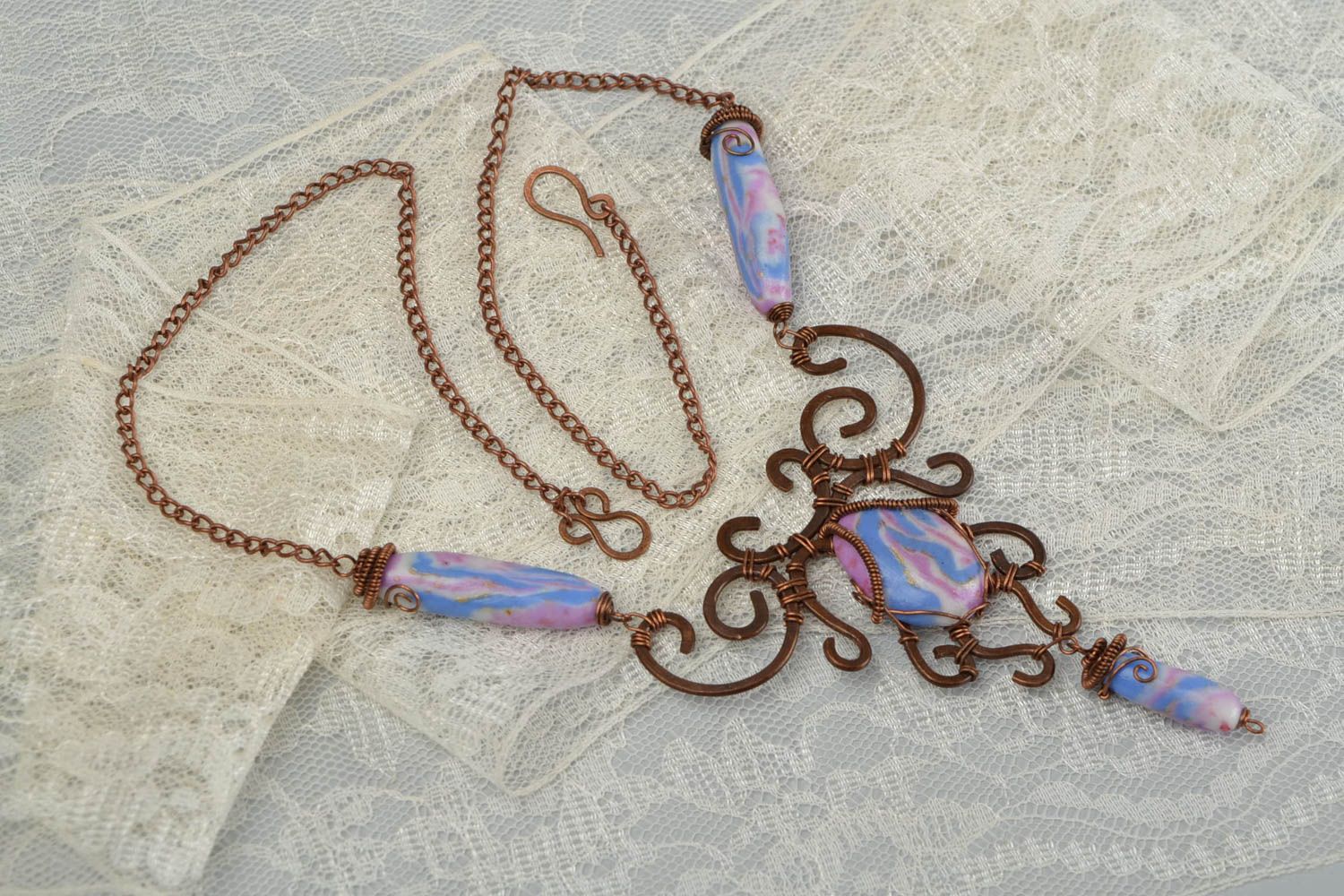 Unusual handmade designer wire wrap copper necklace with plastic beads photo 1