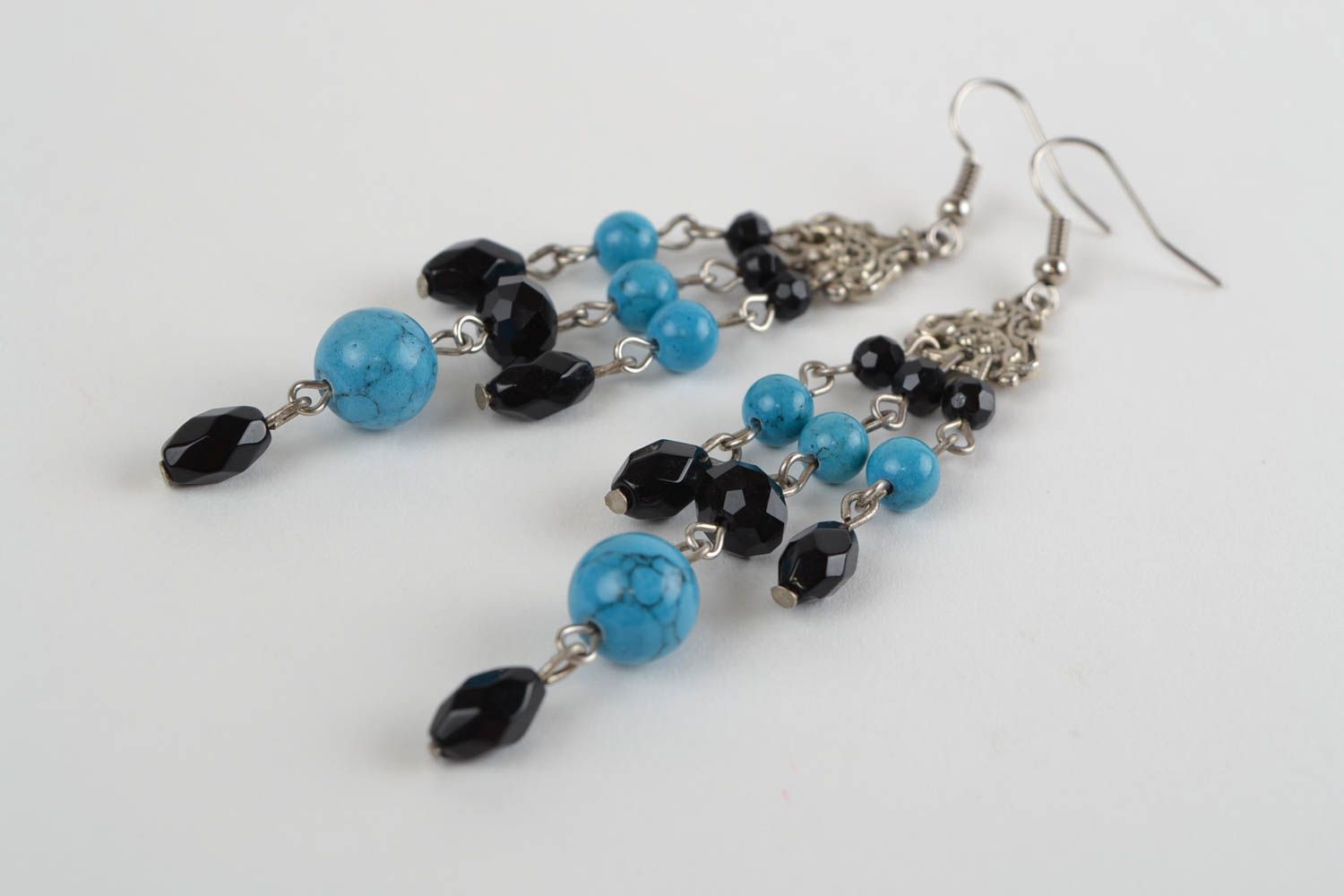 Handmade Czech glass earrings long black and blue female designer accessory photo 4