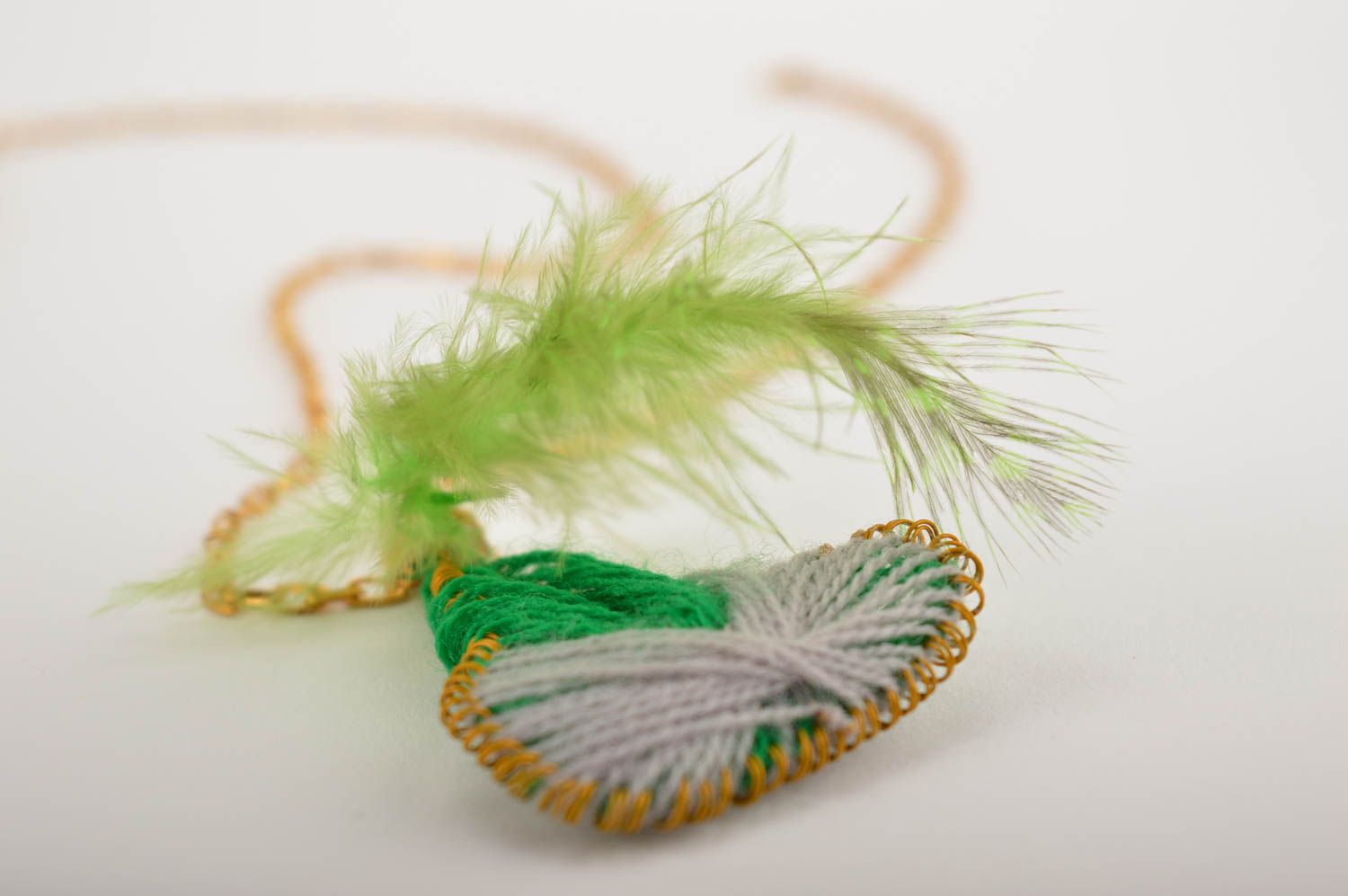 Beautiful handmade textile pendant with feathers wire pendant necklace photo 4