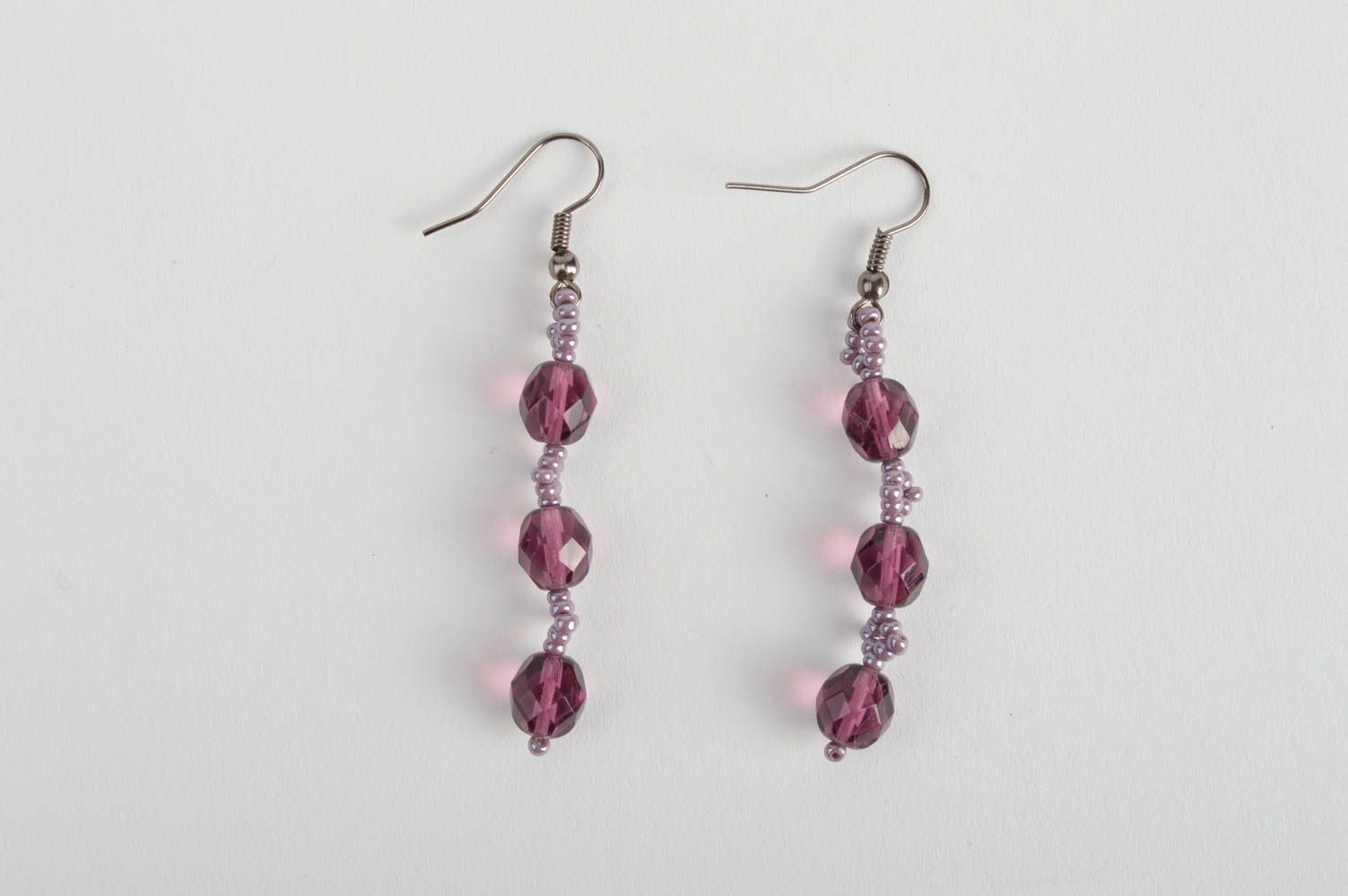 Handmade long laconic designer violet earrings with plastic and Czech beads photo 2