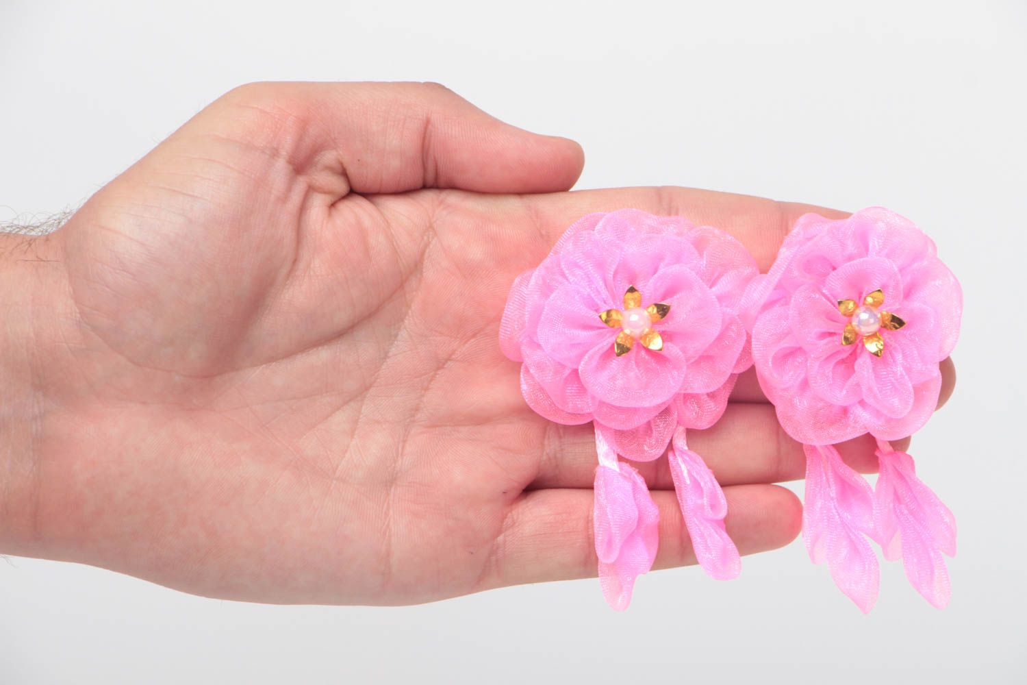 Ensemble d'élastiques à cheveux fleurs roses en organza faits main 2 pièces photo 5