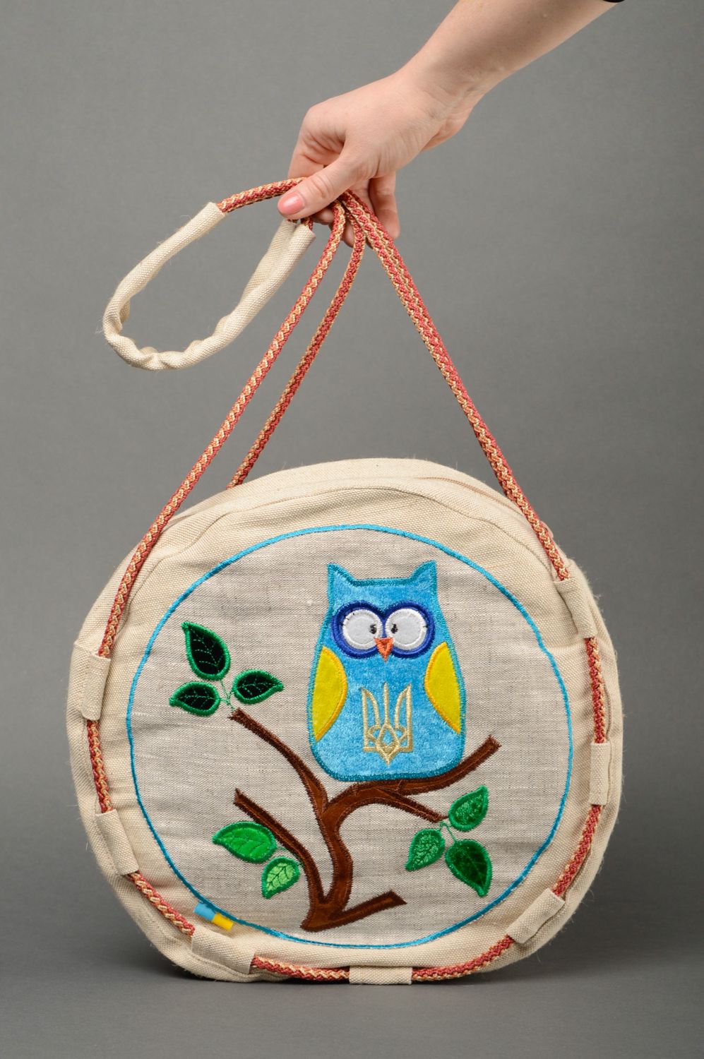 Handmade textile round bag with embroidery Ukrainian Owl photo 1