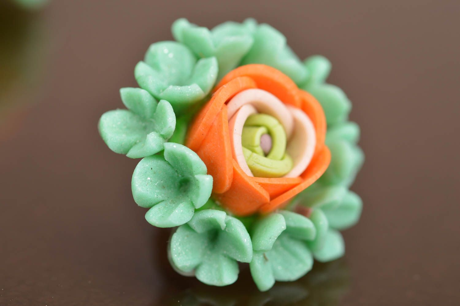 Handmade green and orange stud earrings made of polymer clay in shape of flowers photo 4