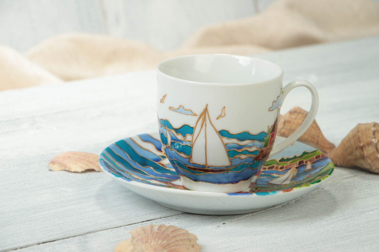 Elegant Japanese style 5 oz teacup with handle, saucer, and hand-painted marine pattern photo 1