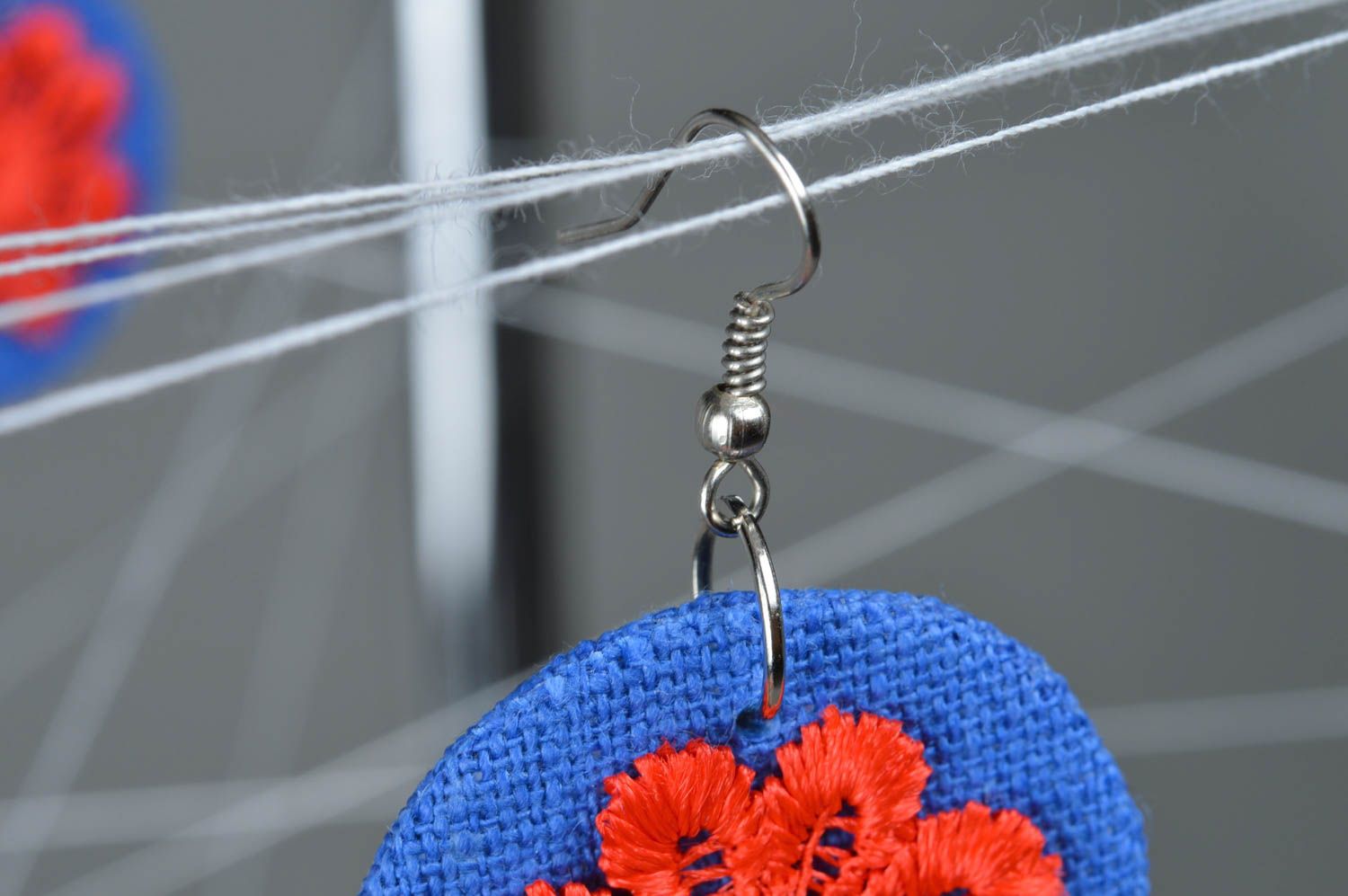Handmade designer beautiful earrings of round shape openwork fabric accessory photo 2