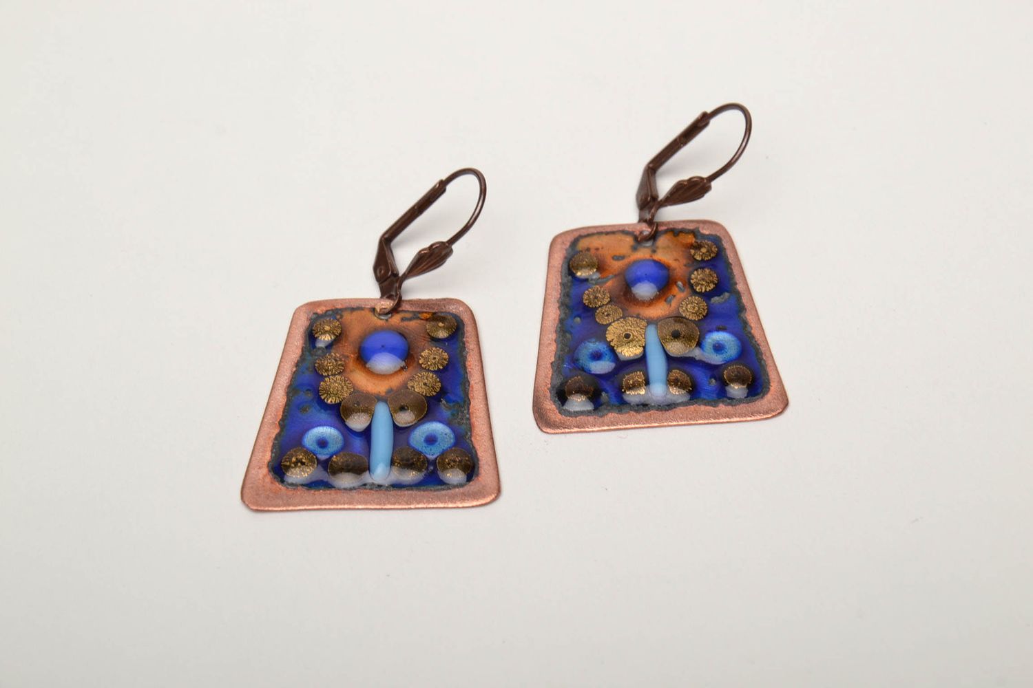 Enamel painted copper earrings of unusual shape photo 3