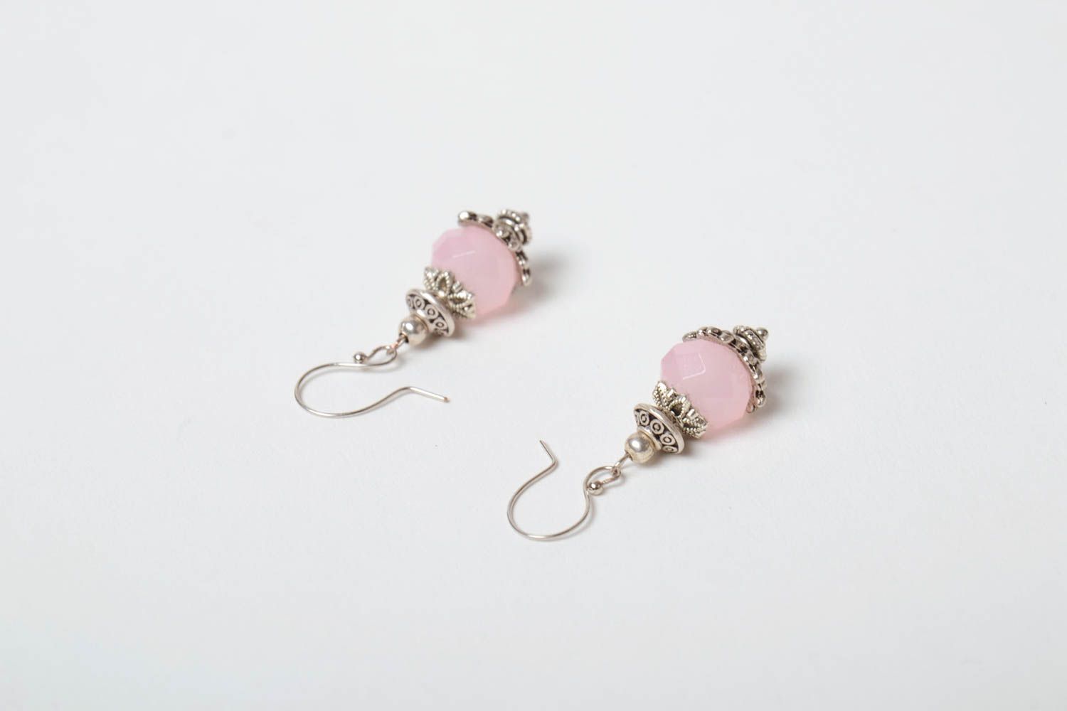 Beautiful tender cute handmade small copper earrings with synthetic pink crystal photo 4