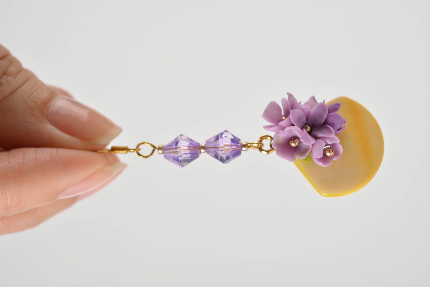 Beautiful homemade designer lilac long polymer clay flower earrings photo 5