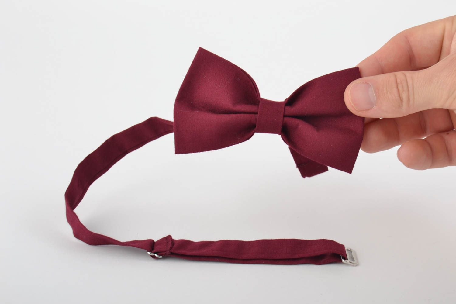 Unusual bright handmade designer claret fabric bow tie of adjustable size photo 5