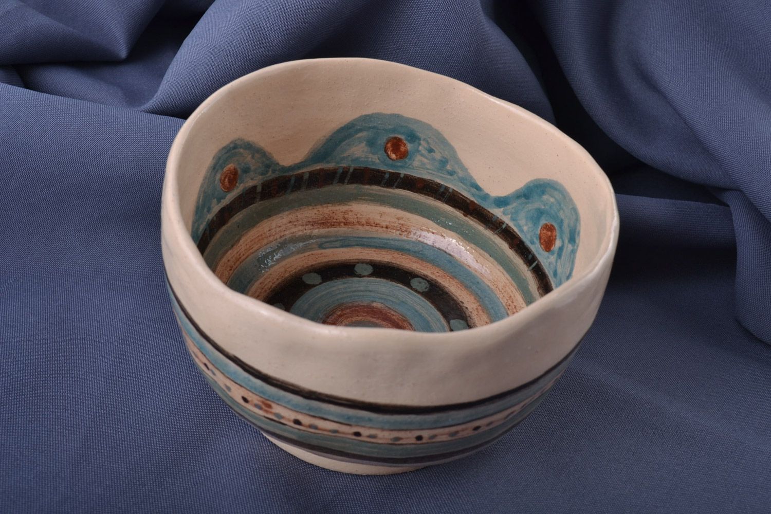 Beautiful handmade deep ceramic bowl painted with engobes 500 ml photo 1