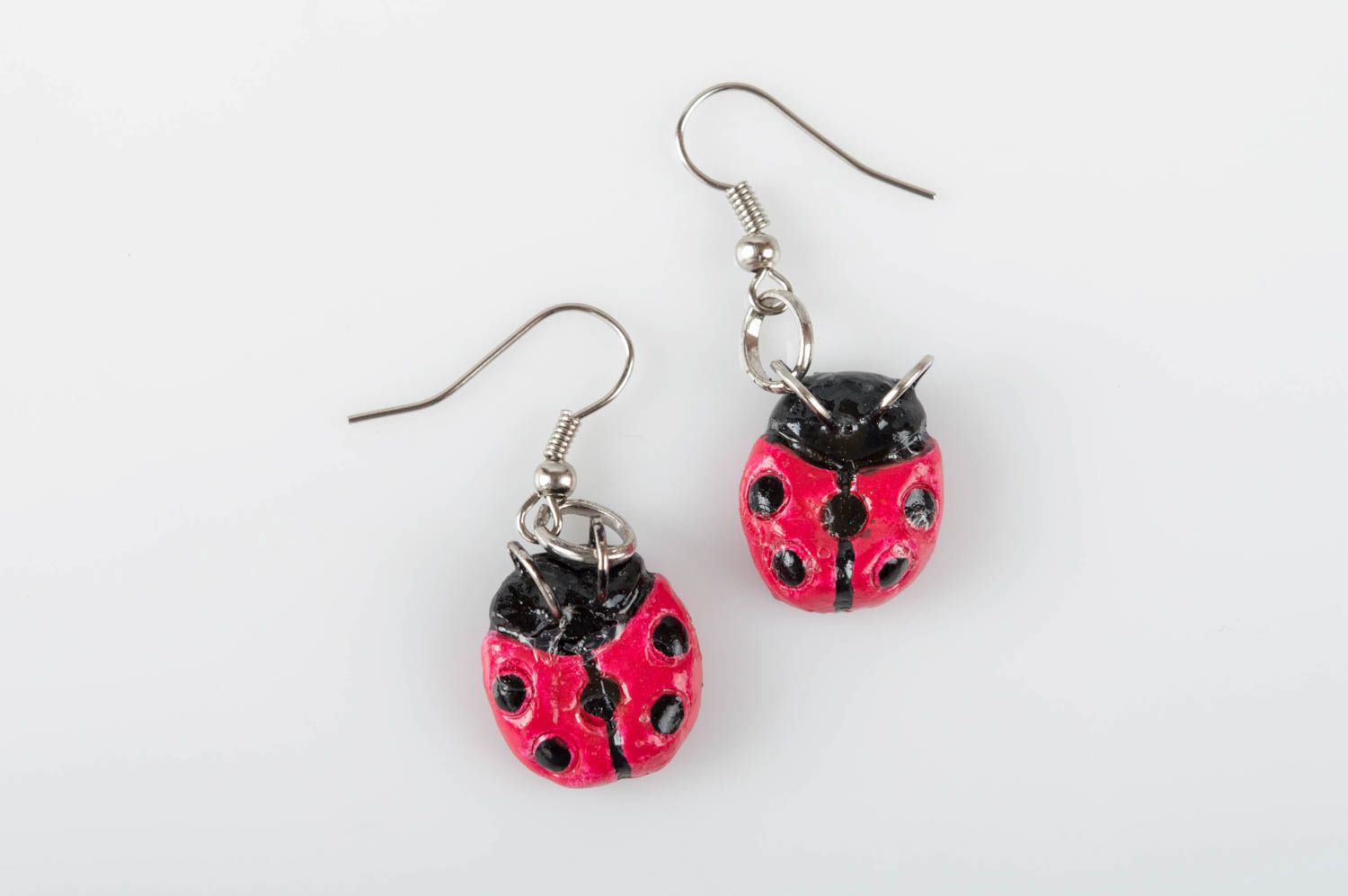 Designer clay earrings handmade ceramic accessories ladybug shaped jewelry photo 2