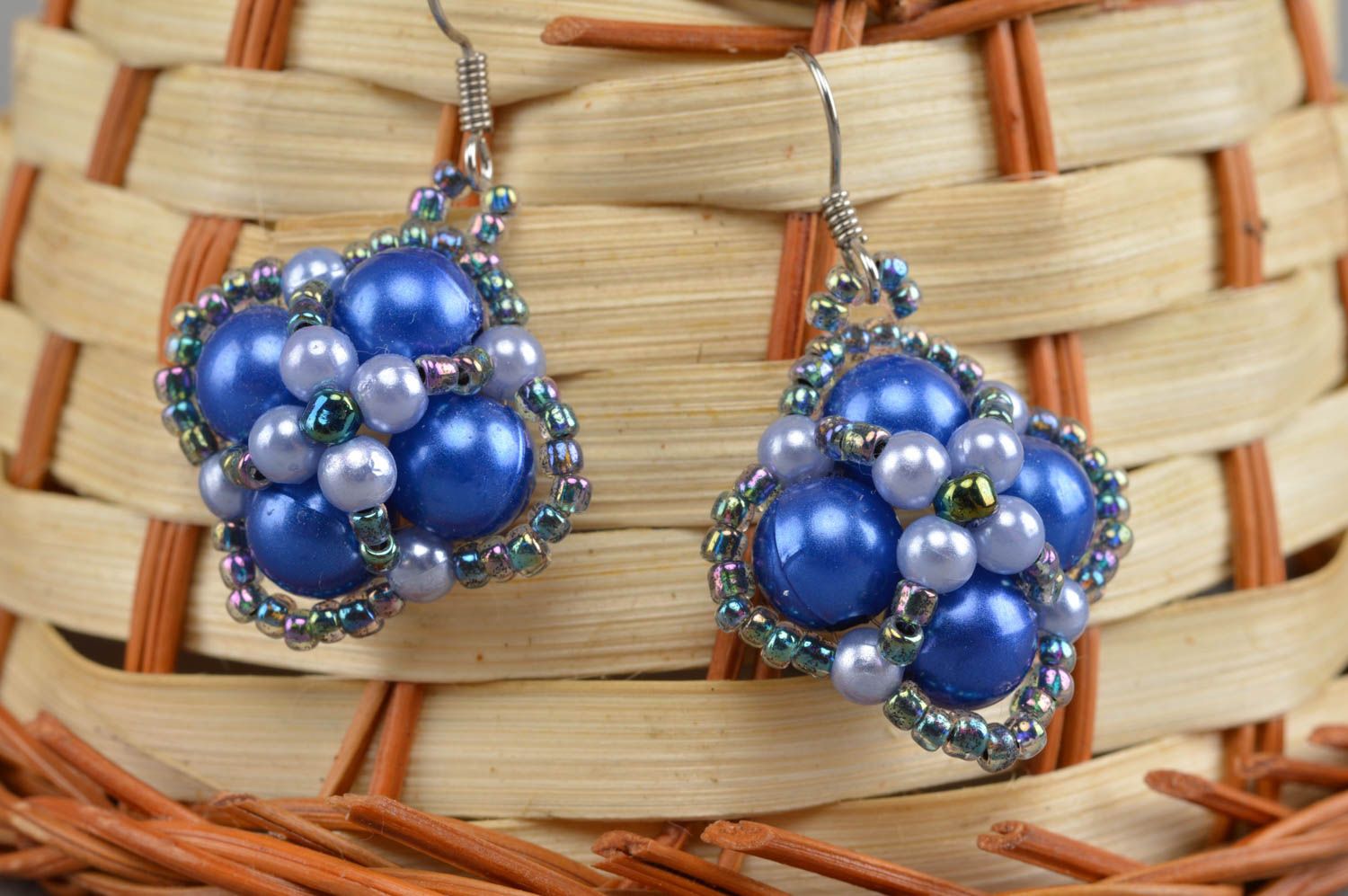 Handmade unusual earrings beaded blue accessories designer jewelry present photo 1