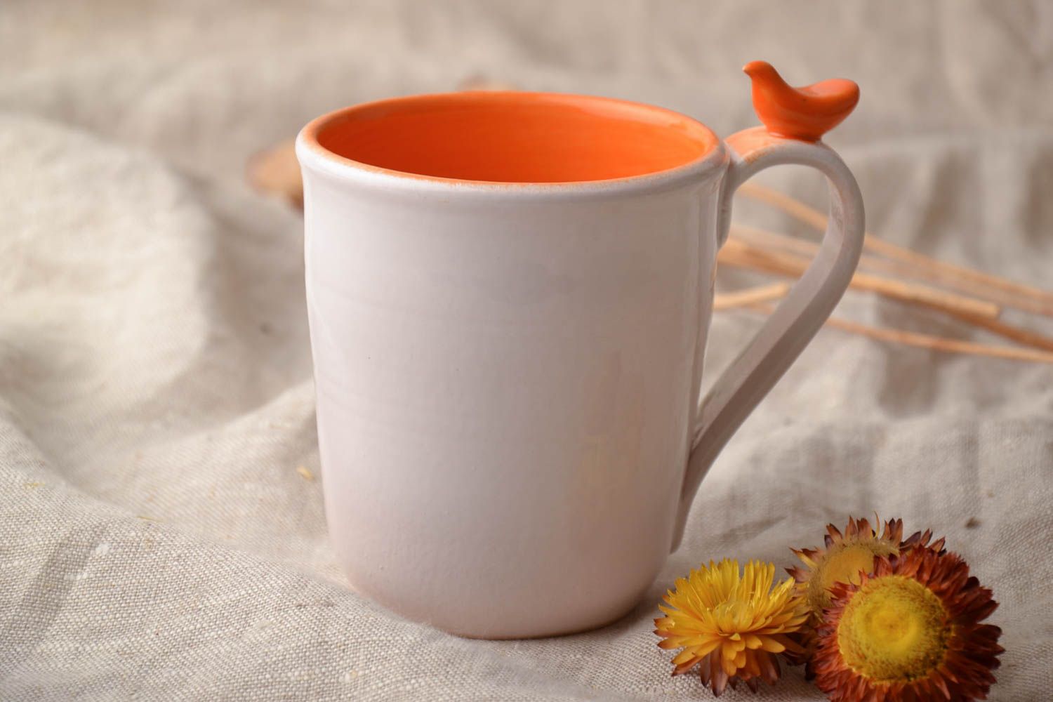 White ceramic porcelain drinking 8 oz cup with handle and orange color inside photo 1