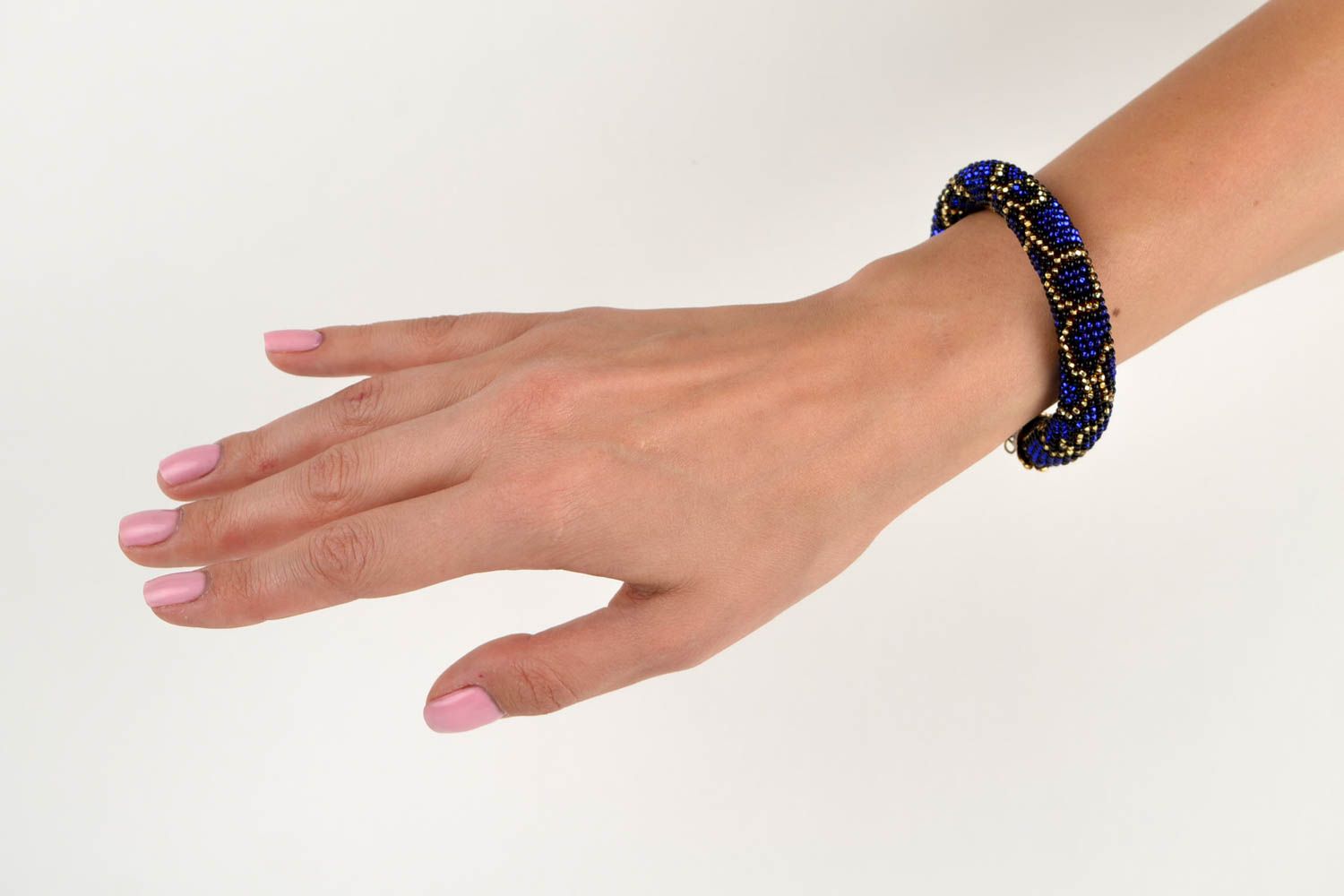Bracelet perles de rocaille Bijou fait main bleu-doré Cadeau pour femme photo 2