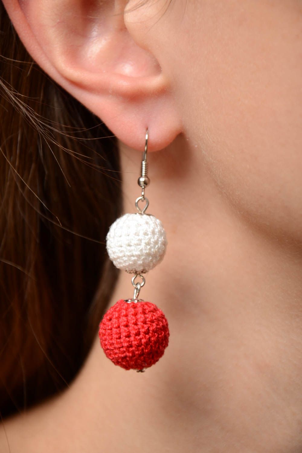 Handmade long red and white bead earrings crocheted over with cotton threads photo 2