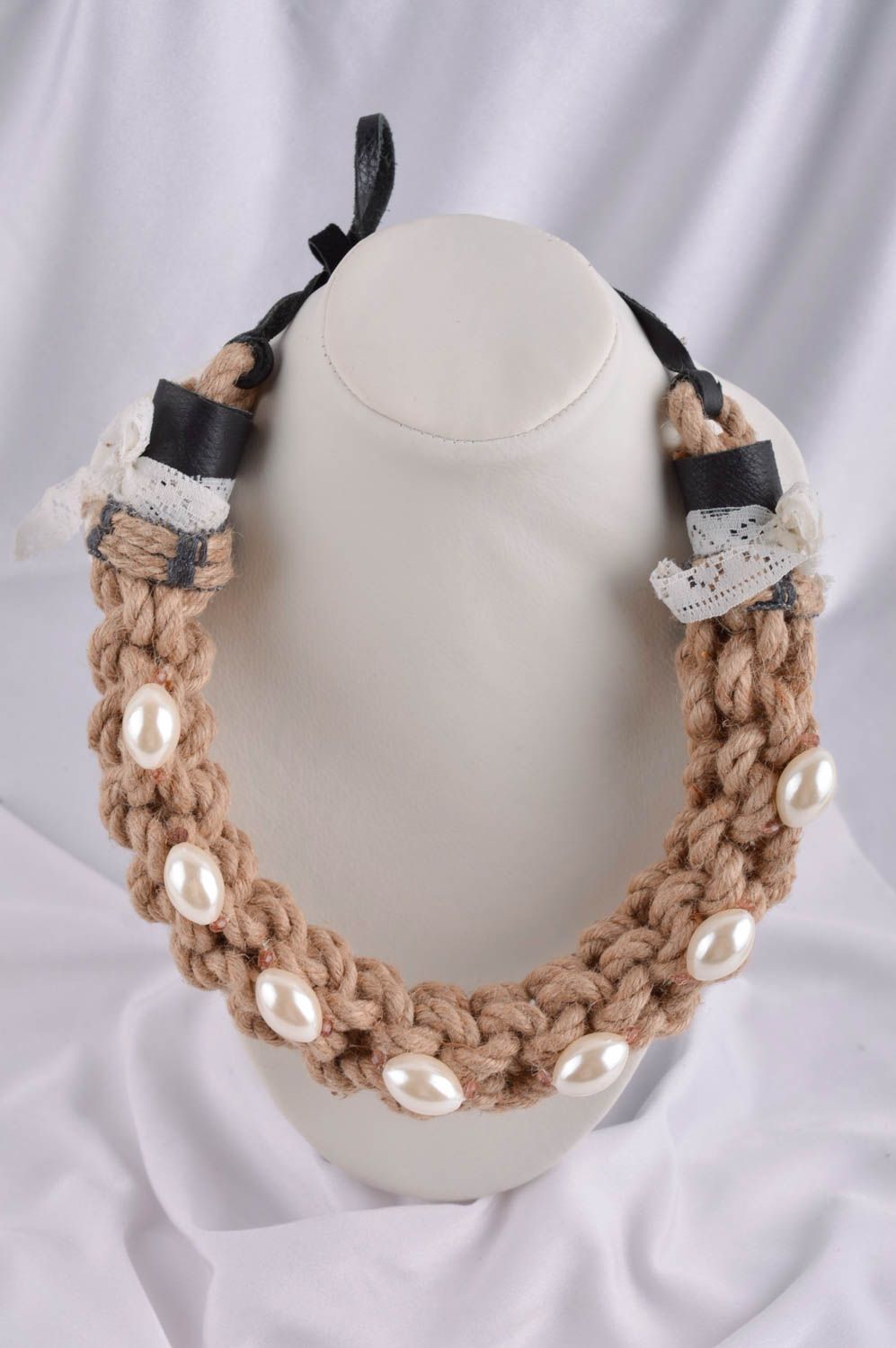 Necklace with artificial pearls handmade cord necklace leather accessories photo 1