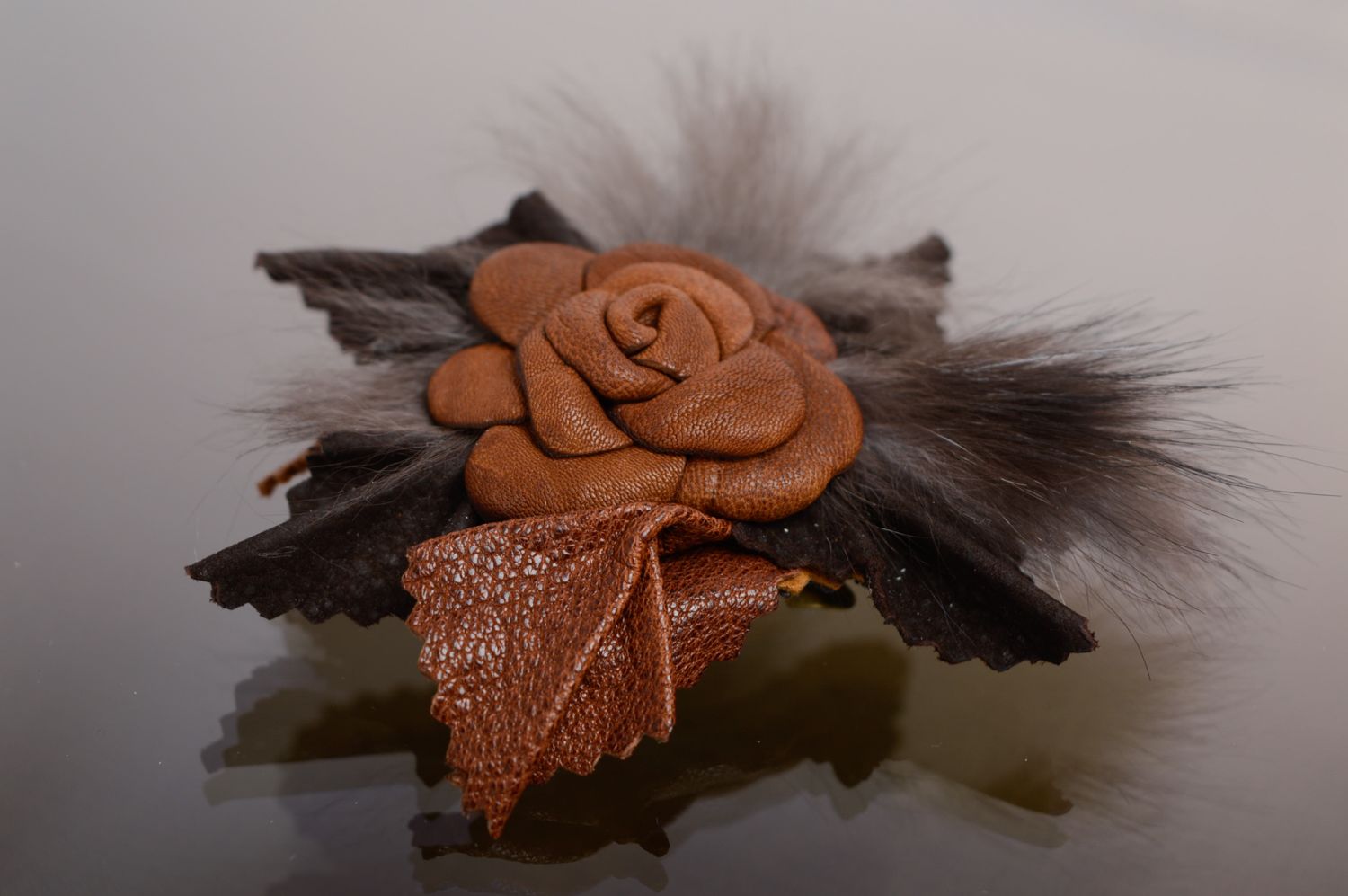 Festive handmade leather brooch with fur photo 1