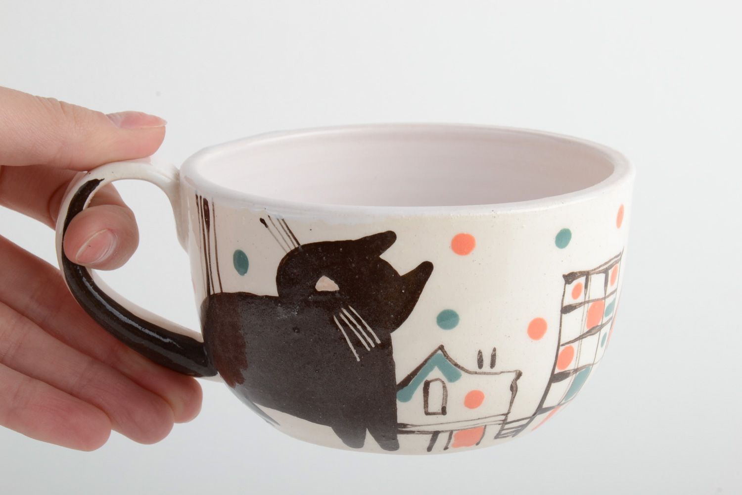 Ceramic cup for kids with kitty pattern in white and brown color 0,42 lb photo 5