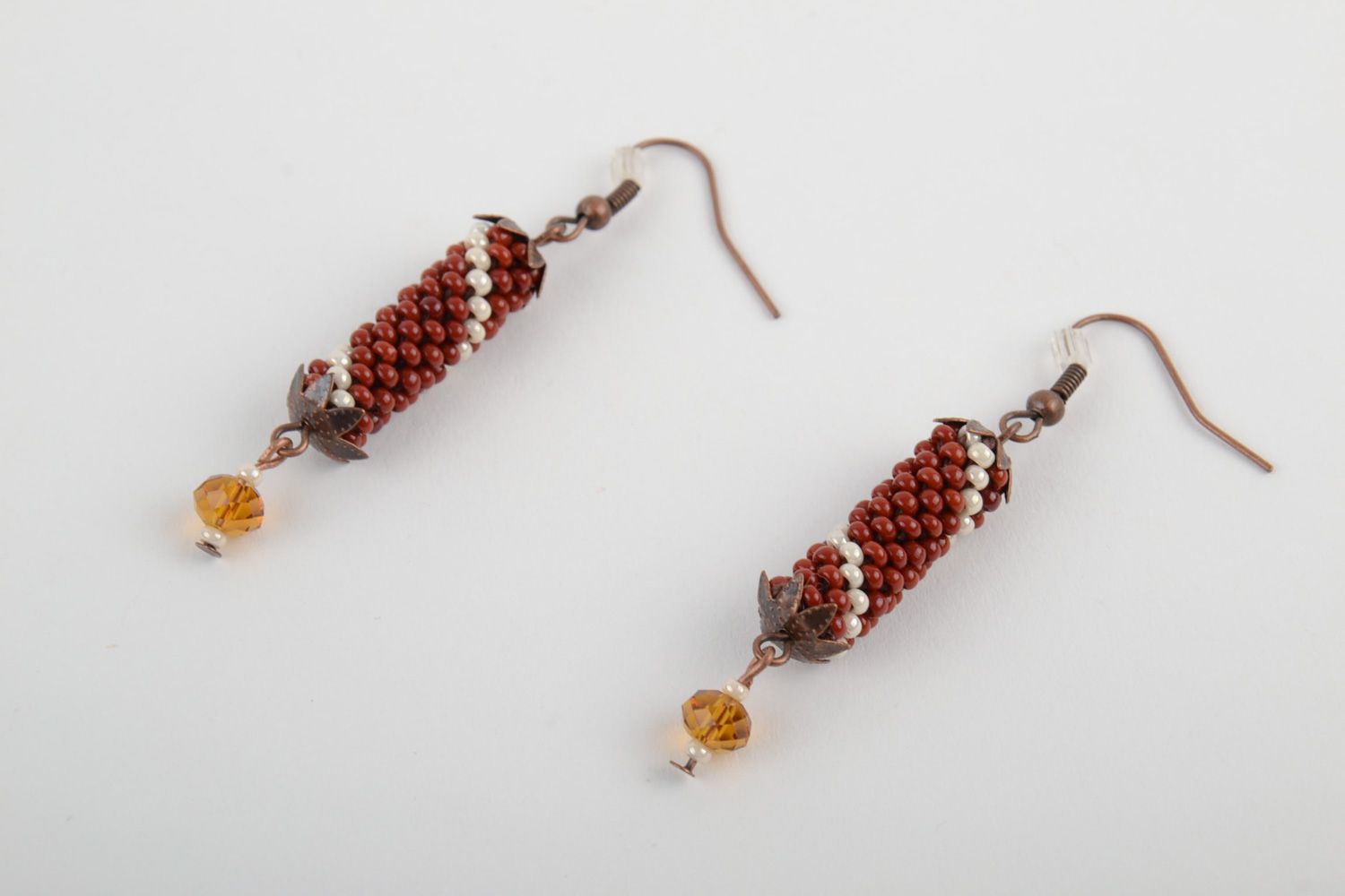 Handmade designer dangle earrings crocheted of beads in autumn color palette photo 3
