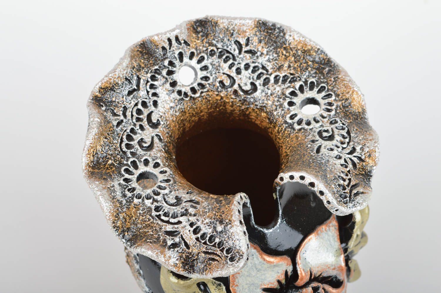 Florero original de cerámica hermoso hecho a mano con flor modelada 400 ml  foto 4