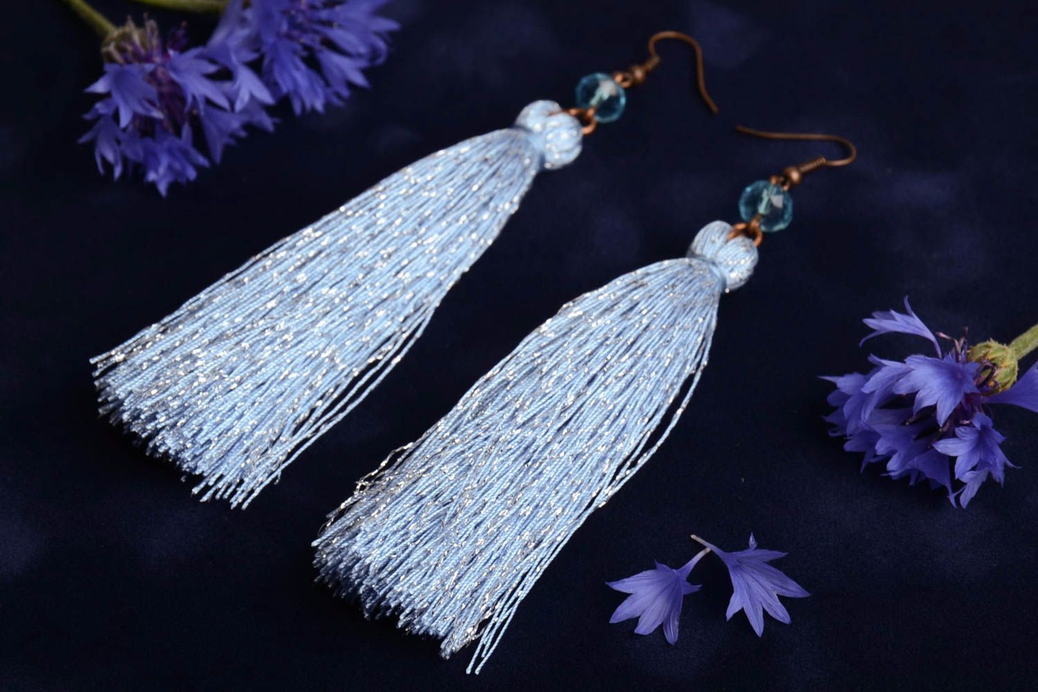 Beautiful stylish handmade blue textile tassel earrings with quartz beads photo 1
