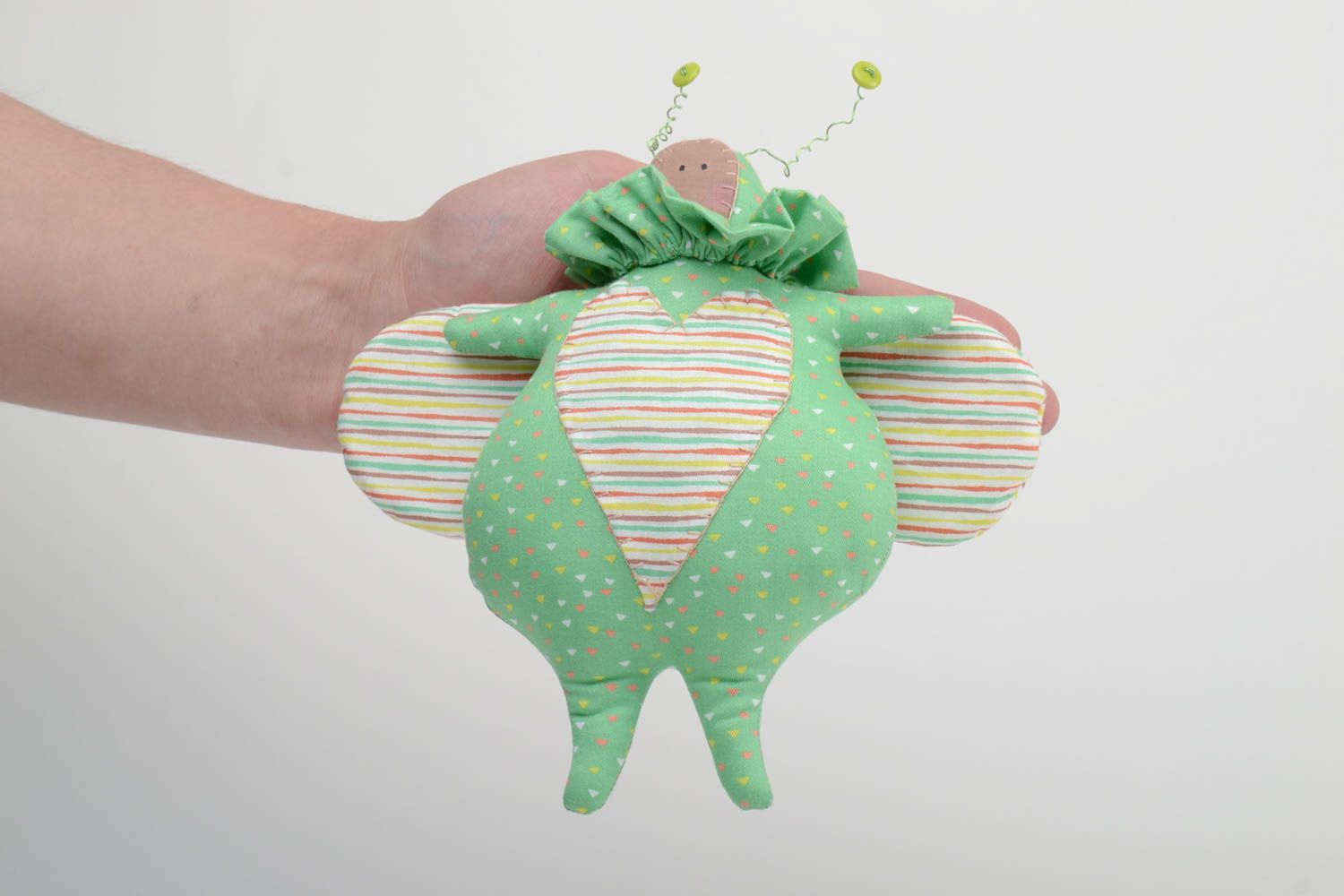 Handmade small satin fabric soft toy funny green beetle with striped wings photo 5