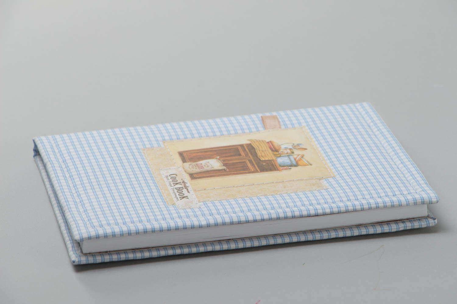 Handgemachtes Notizbuch für Rezepte mit Stoffumschlag blau kariert stilvoll foto 3