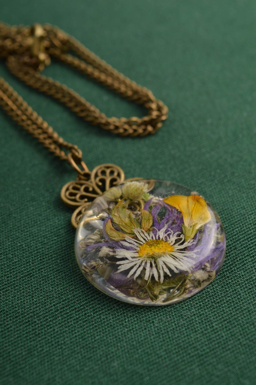 Handmade designer botanical jewelry unusual female pendant epoxy resin pendant photo 1