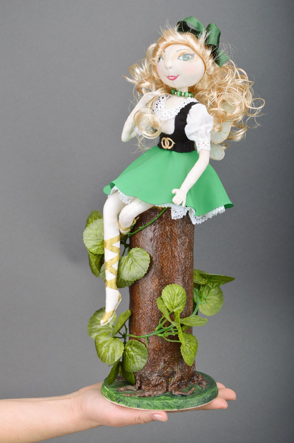 Beautiful handmade designer doll sewn of fabric and lace Elf sitting on stub photo 4