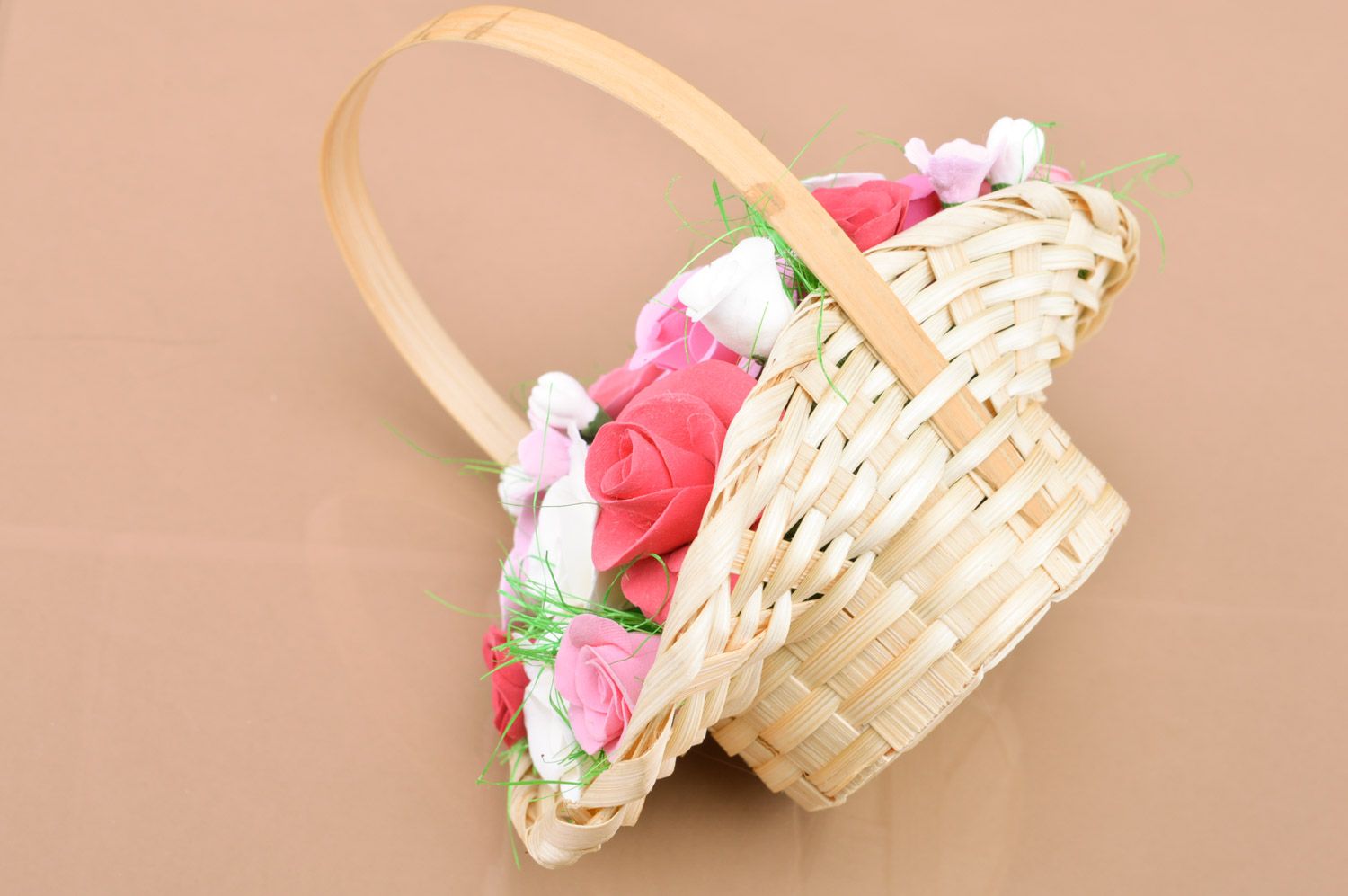 Woven basket with handmade polymer clay flowers for home decor photo 4