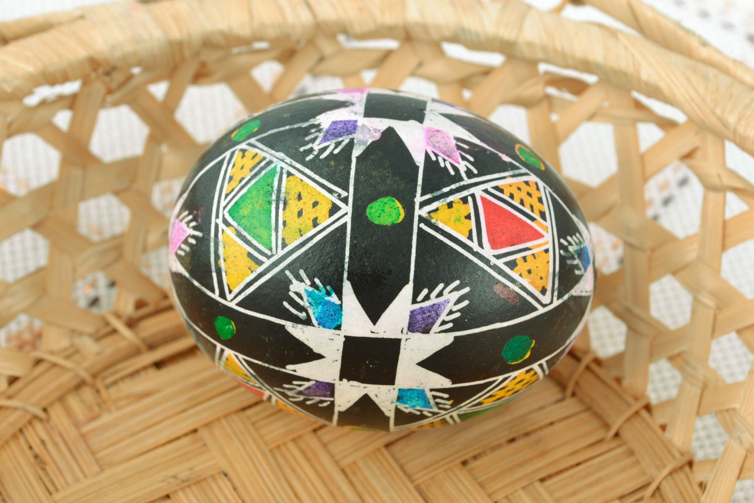 Handmade Easter egg with contrast geometric ornament painted using wax technique photo 1