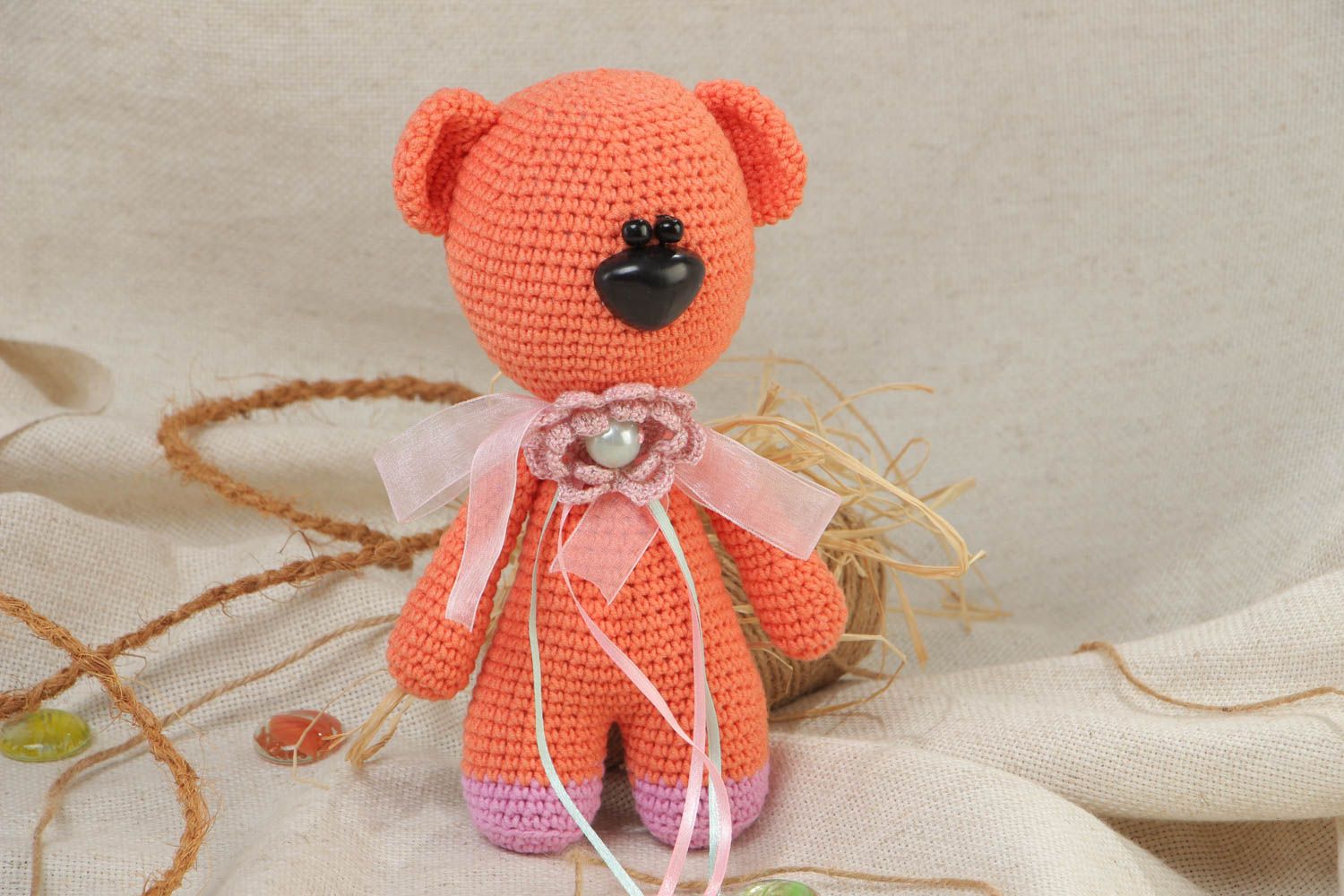 Homemade soft toy crocheted of acrylic threads for children Pink Bear photo 1