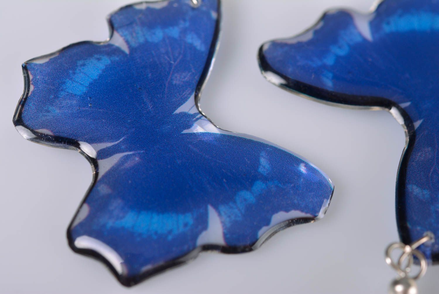 Unusual handmade blue butterfly shaped earrings coated with epoxy resin photo 3