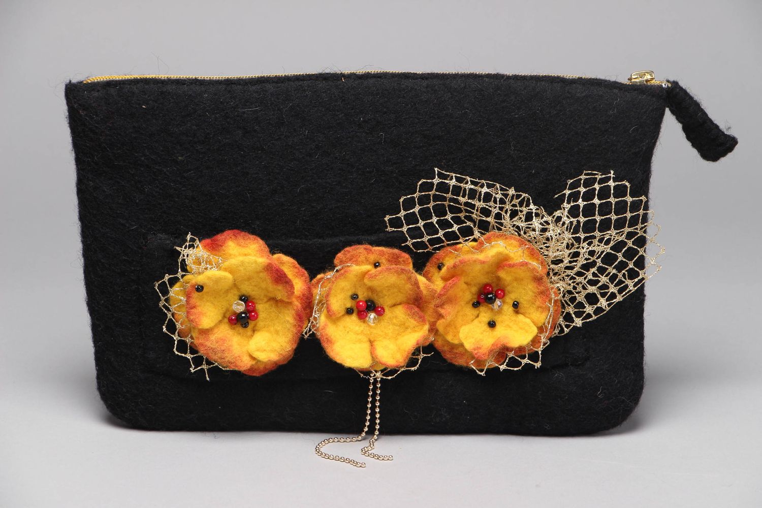 Black felted wool handbag with flowers photo 1