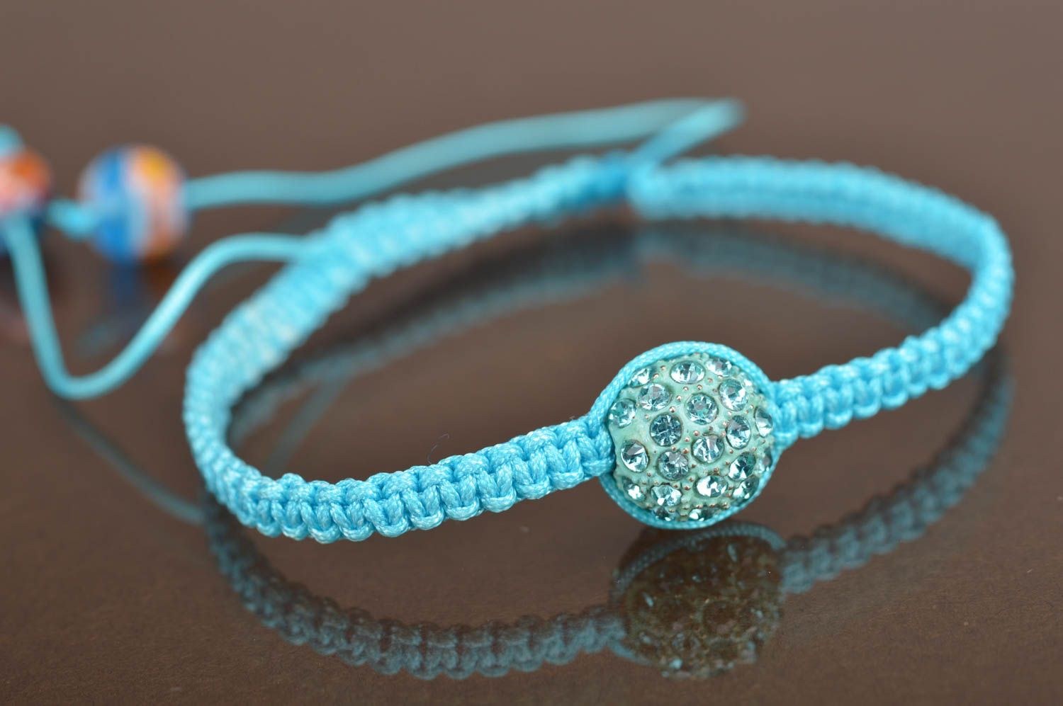 Handmade stylish blue thin tender woven bracelet with beads for every day photo 2