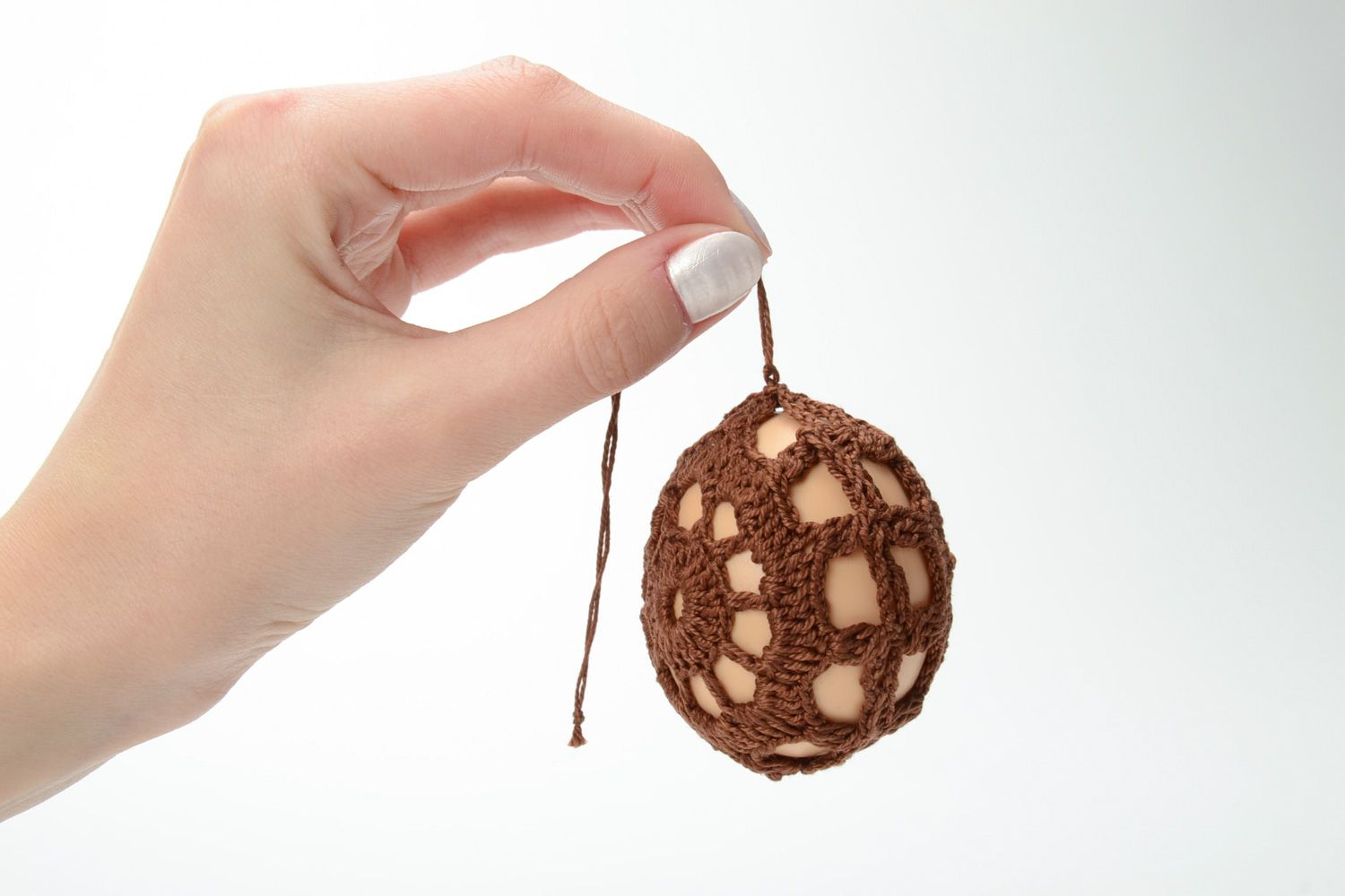 Handmade brown Easter egg woven over with cotton threads photo 5