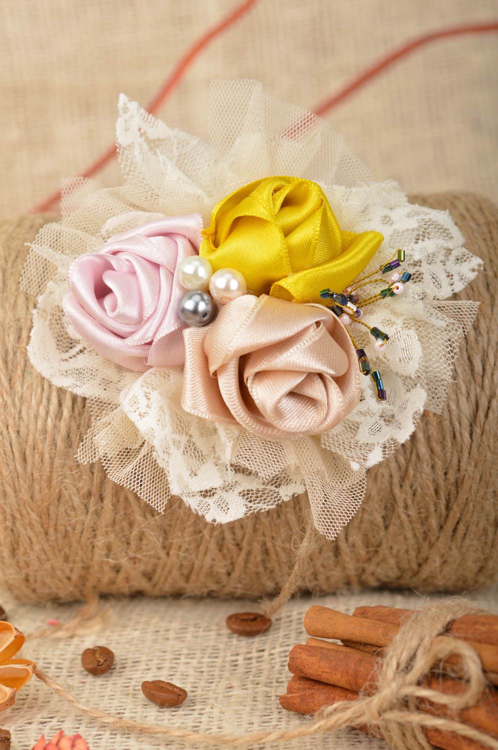 Brooch hairpin with flowers made of satin ribbons handmade bouquet of roses photo 1