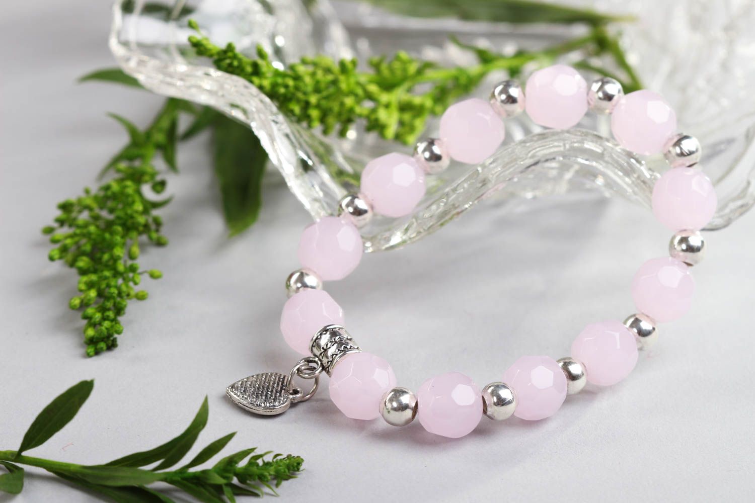 Pink quartz bracelet handmade jewelry with natural stones woven bracelets photo 1