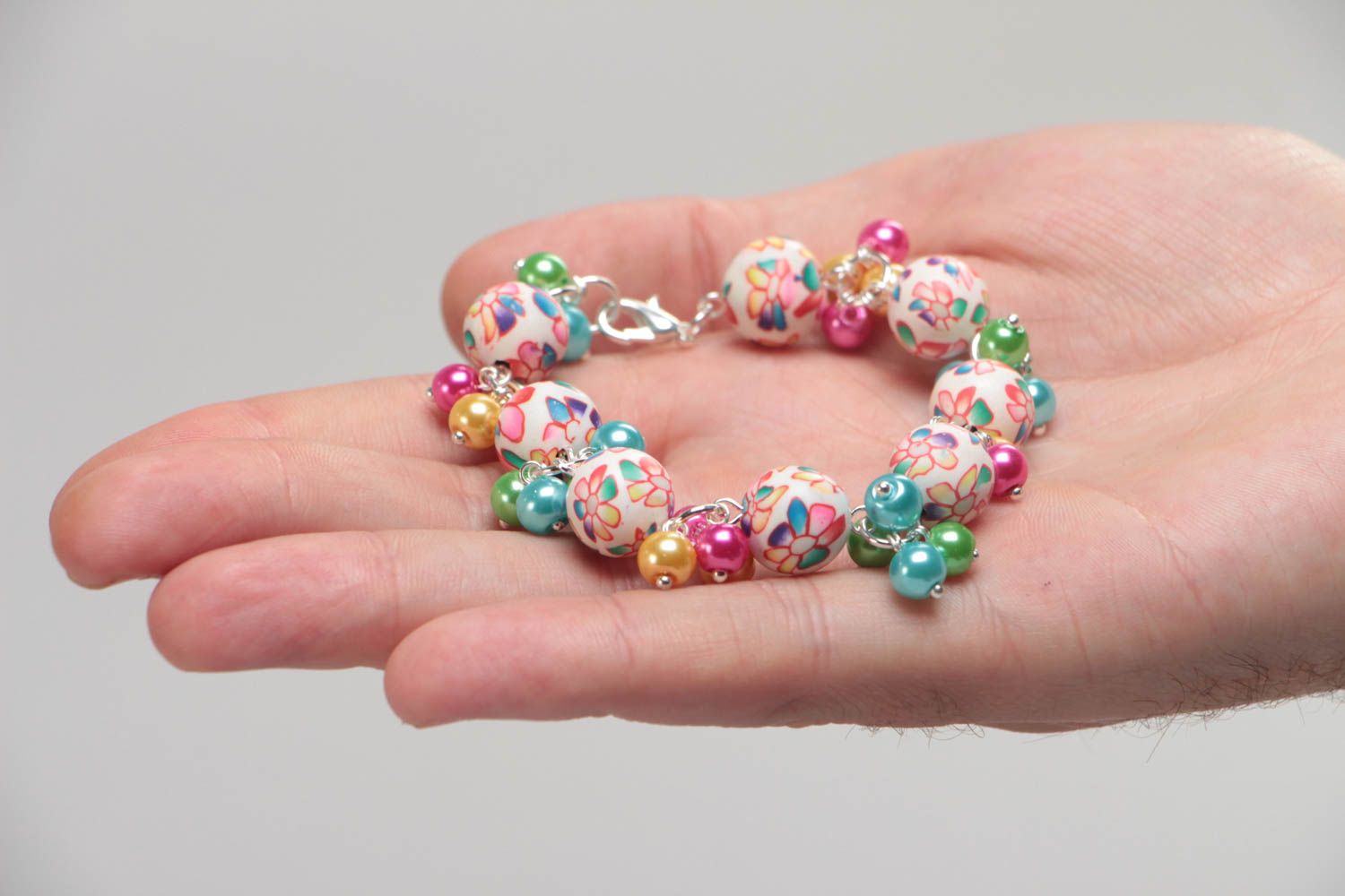 Handmade children's design polymer clay bracelet with ceramic pearls photo 5