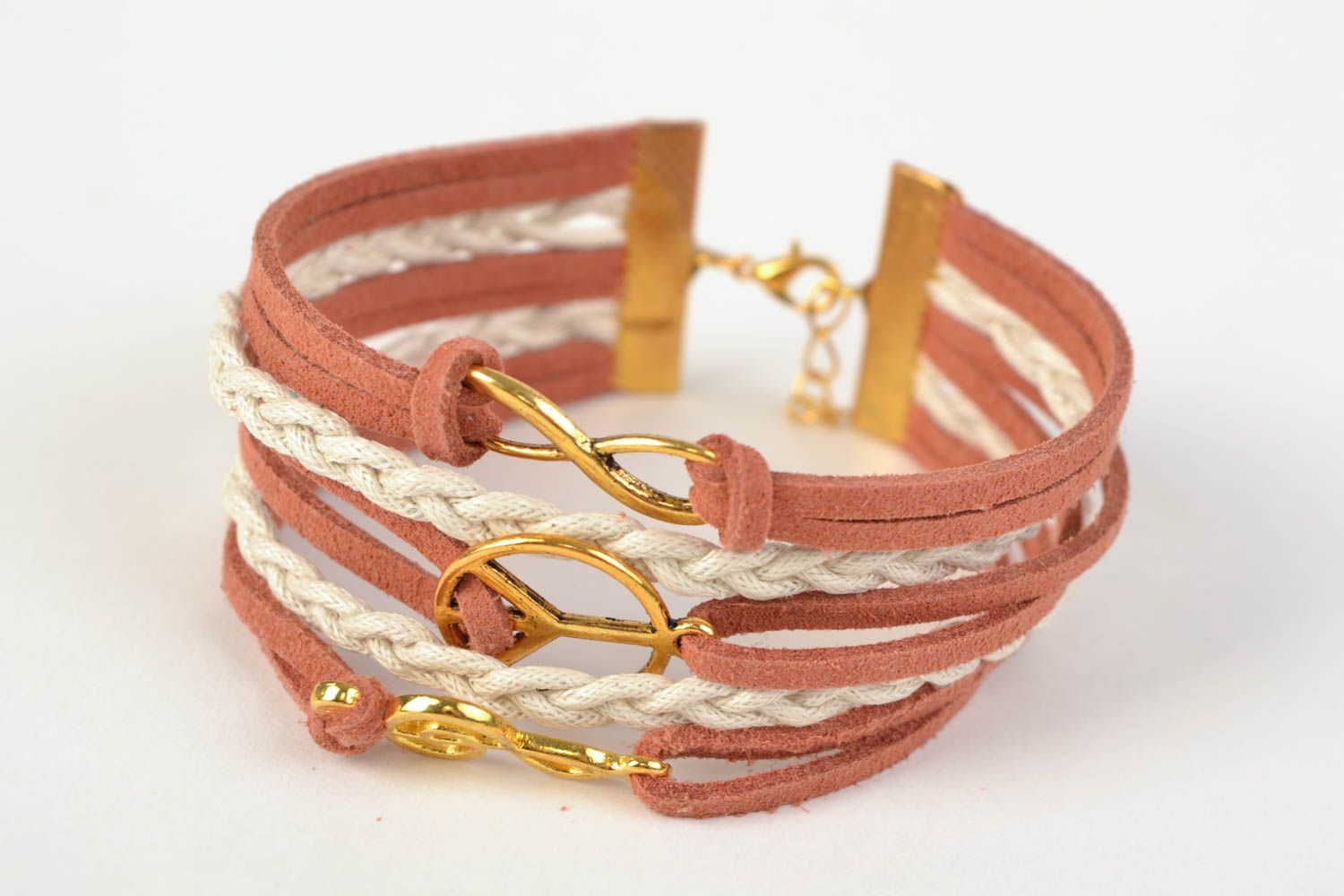 Handmade multi row two colored suede cord woven wrist bracelet with metal charms photo 3