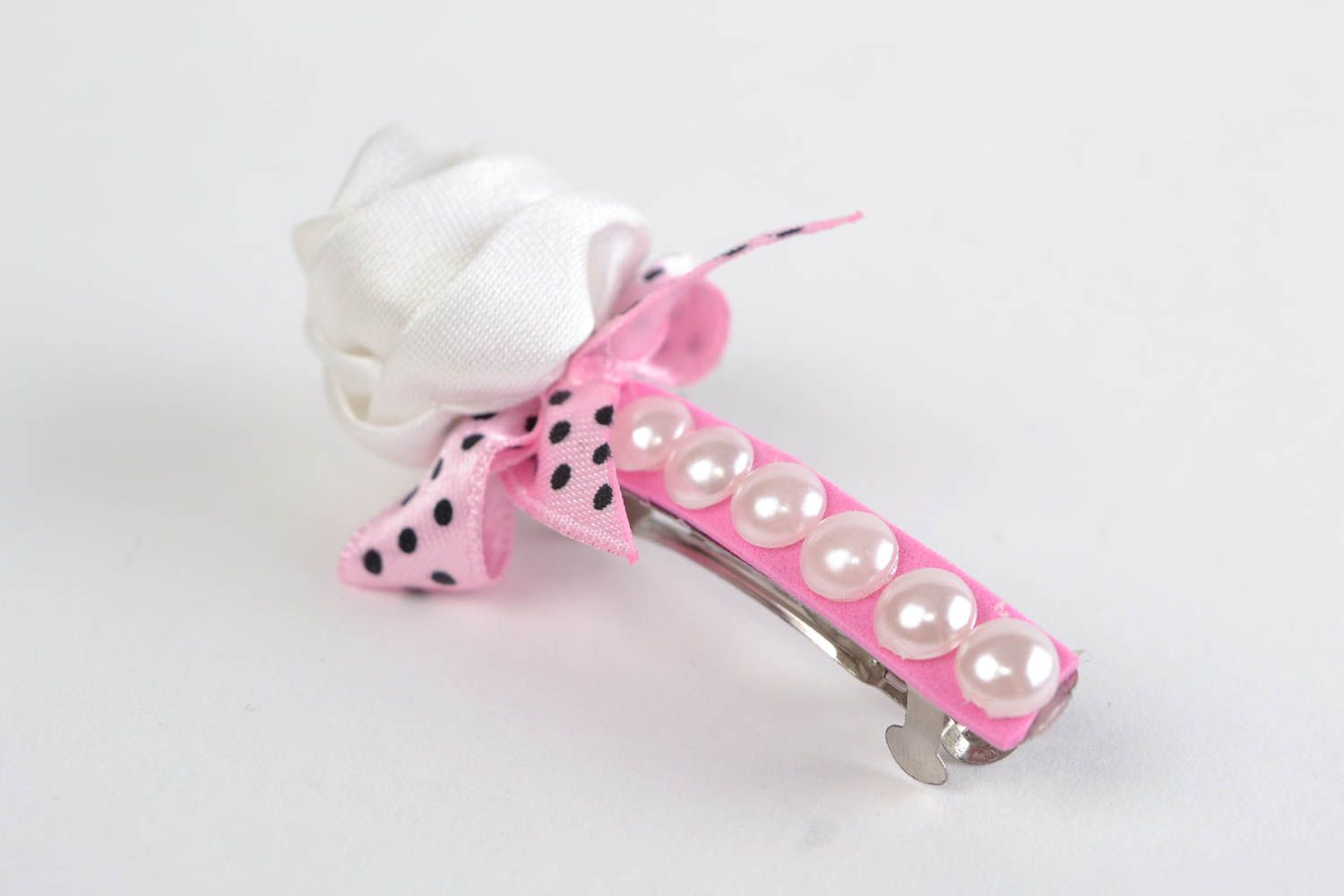 Hairpin made of rep ribbon handmade barrette with white rose present for girl photo 4