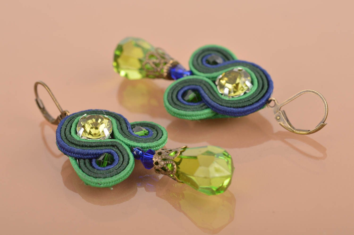 Beautiful handmade designer large soutache earrings of green color with beads photo 5