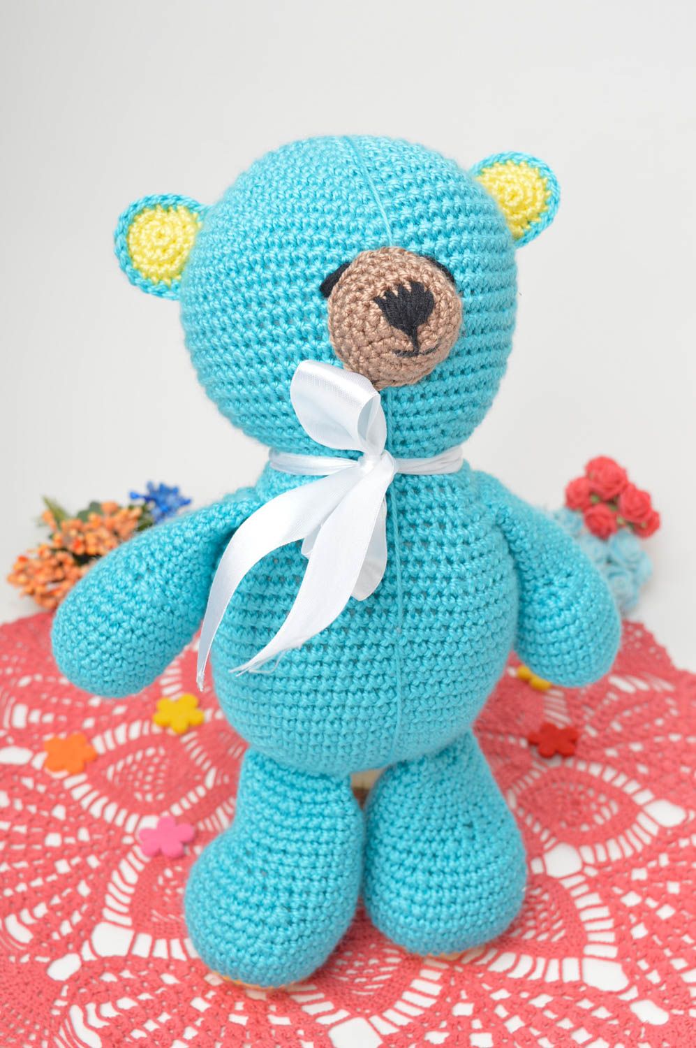 Jouet ours bleu avec noeud Peluche faite main tricotée Cadeau pour enfant photo 1