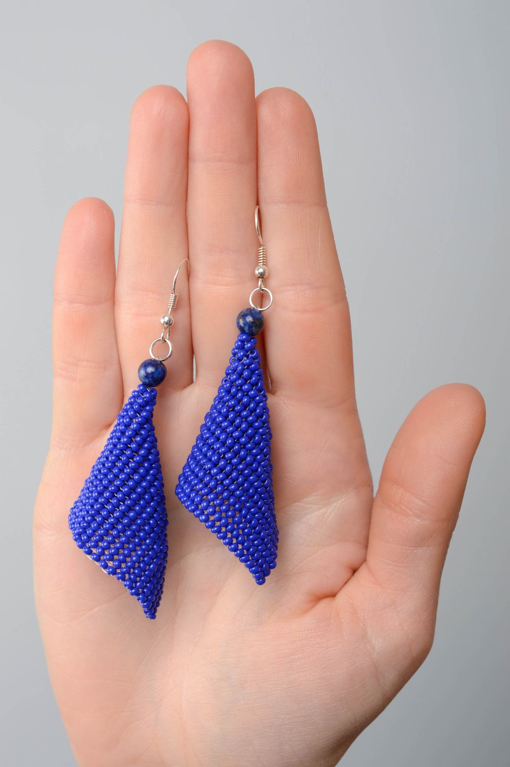 Unusual beaded earrings of blue color photo 2